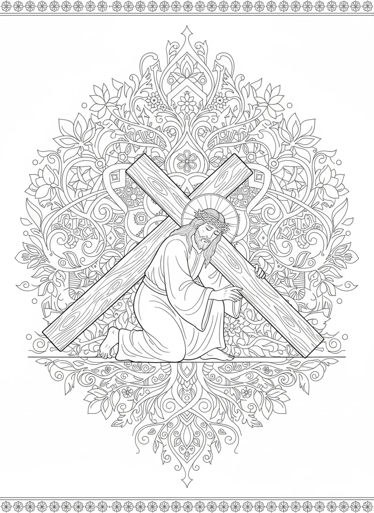 Jésus tombant sous la croix, page à colorier des Stations de la Croix pour adultes dans un style de journal biblique.