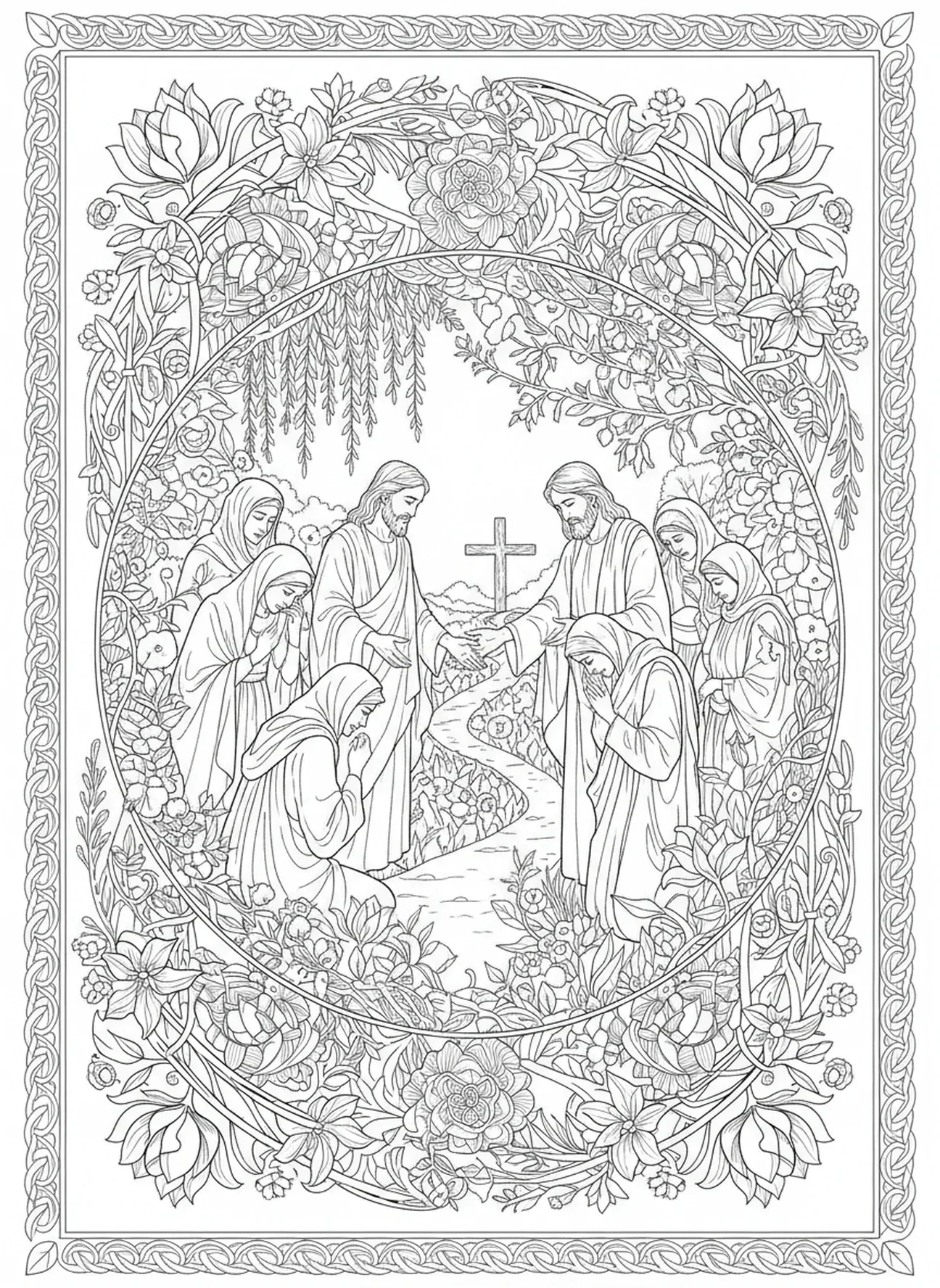 Jésus rencontre des femmes en deuil, page à colorier des Stations de la Croix dans un style de journal biblique pour adultes.