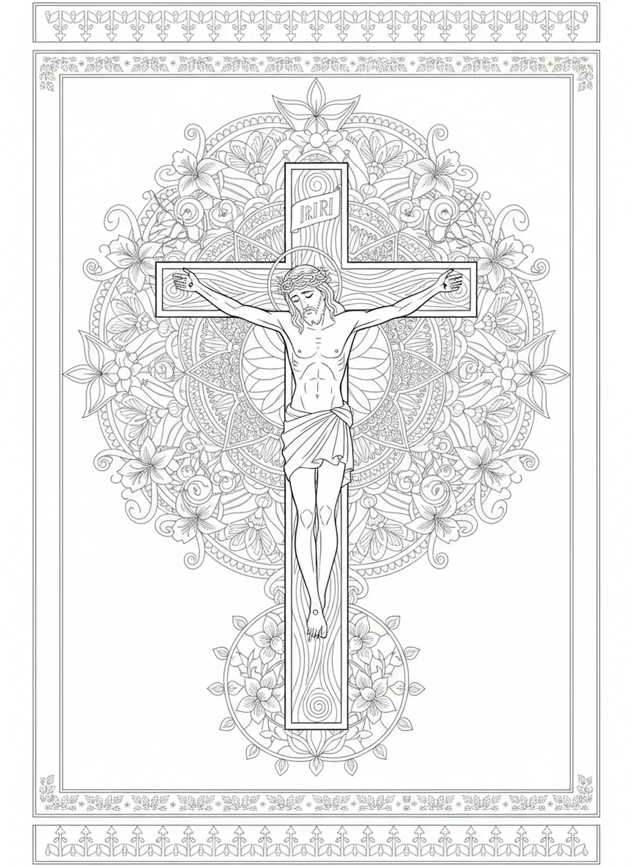 Jésus cloué sur la croix, page à colorier des Stations de la Croix pour adultes dans un style de journal biblique.