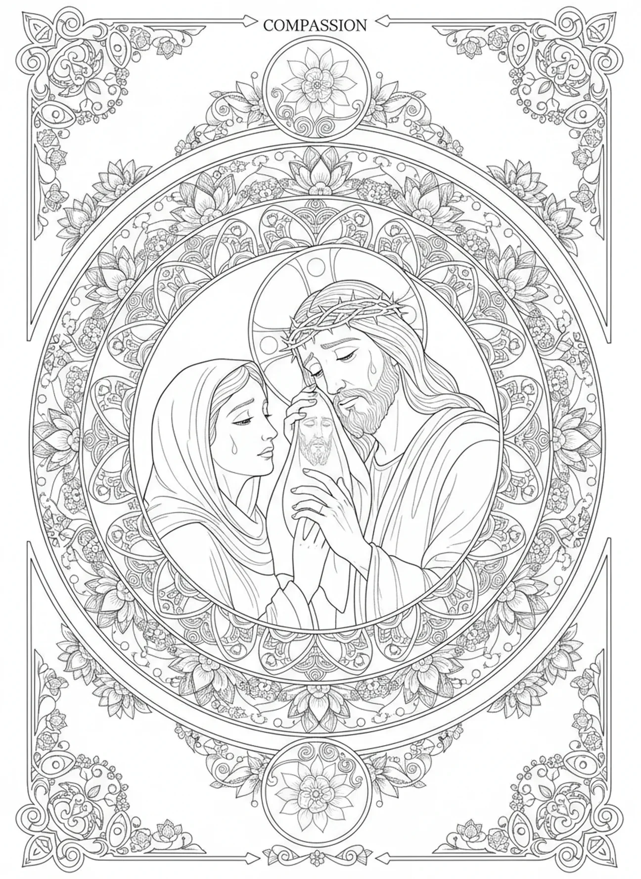 Véronique essuyant le visage de Jésus, page à colorier des Stations de la Croix dans un style de journal biblique pour adultes.