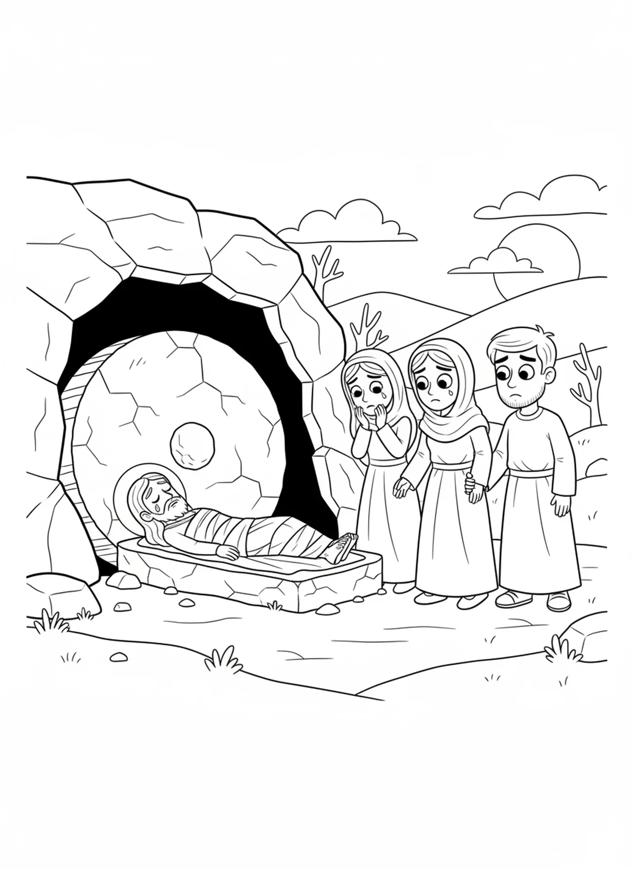 Jesus sepultado no túmulo, página para colorir da Via Crucis para crianças de 5 a 10 anos.