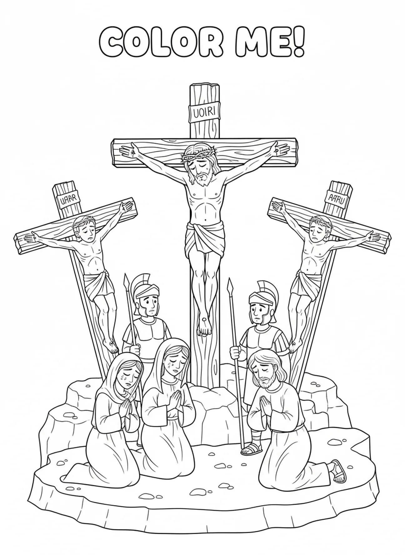 Jesus na cruz, página para colorir das Estações da Cruz para crianças de 5 a 10 anos.