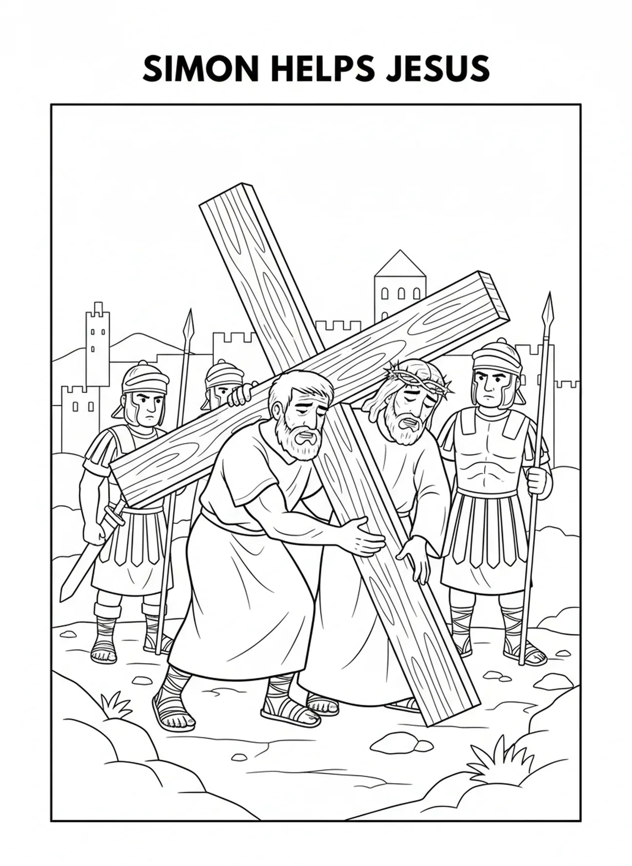 Simão ajudando Jesus, página para colorir das Estações da Cruz para crianças de 5 a 10 anos.