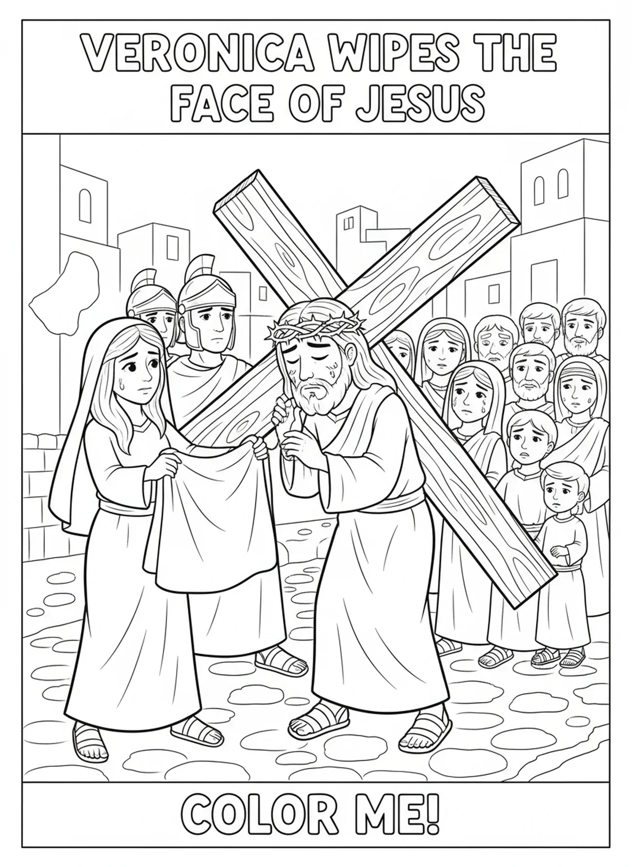 Verônica enxugando o rosto de Jesus, página de colorir da Via Crucis para crianças de 5 a 10 anos.