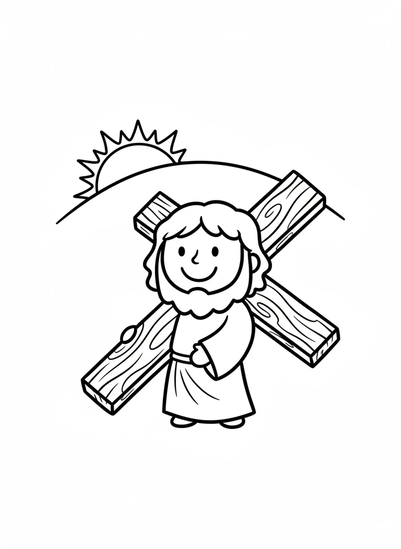 Lächelnder Jesus trägt ein Kreuz, Ausmalbild der Kreuzwegstationen für Vorschulkinder im Alter von 3-5 Jahren.