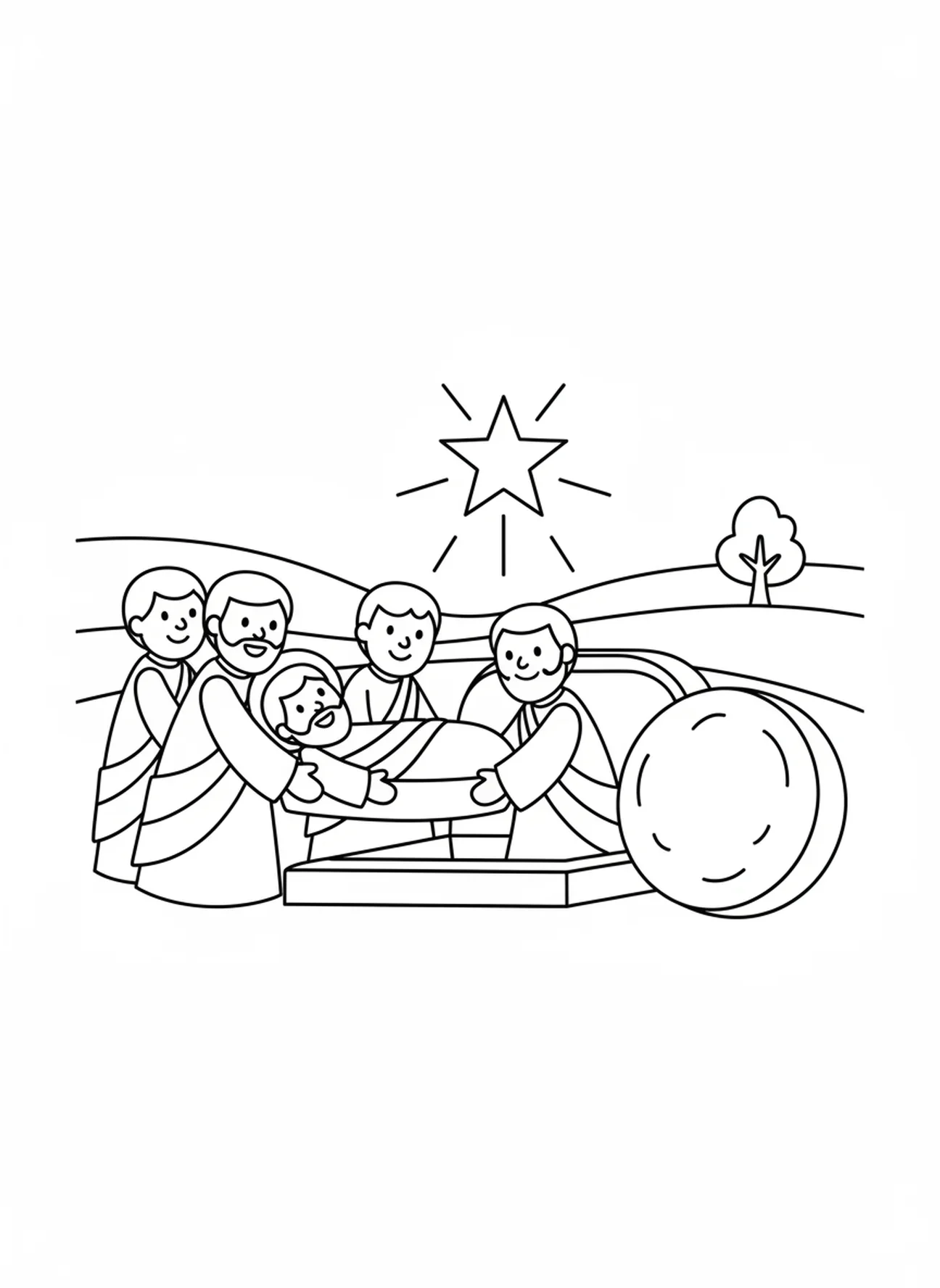 Lächelnde Jünger am Grab Jesu, Ausmalbild der Kreuzwegstationen für Vorschulkinder im Alter von 3-5 Jahren.
