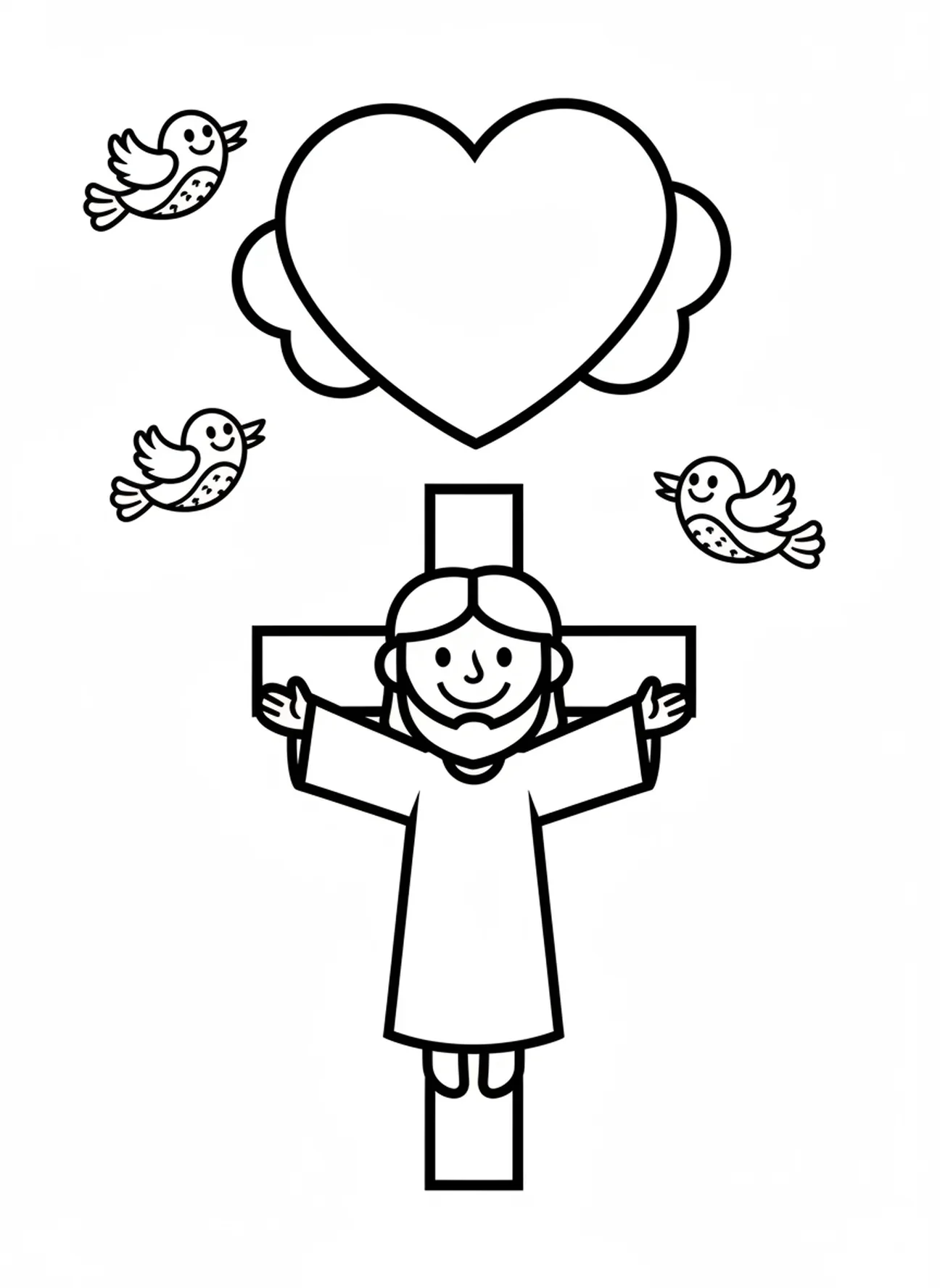 Lächelnder Jesus am Kreuz, Ausmalbild der Kreuzwegstationen für Vorschulkinder im Alter von 3-5 Jahren.
