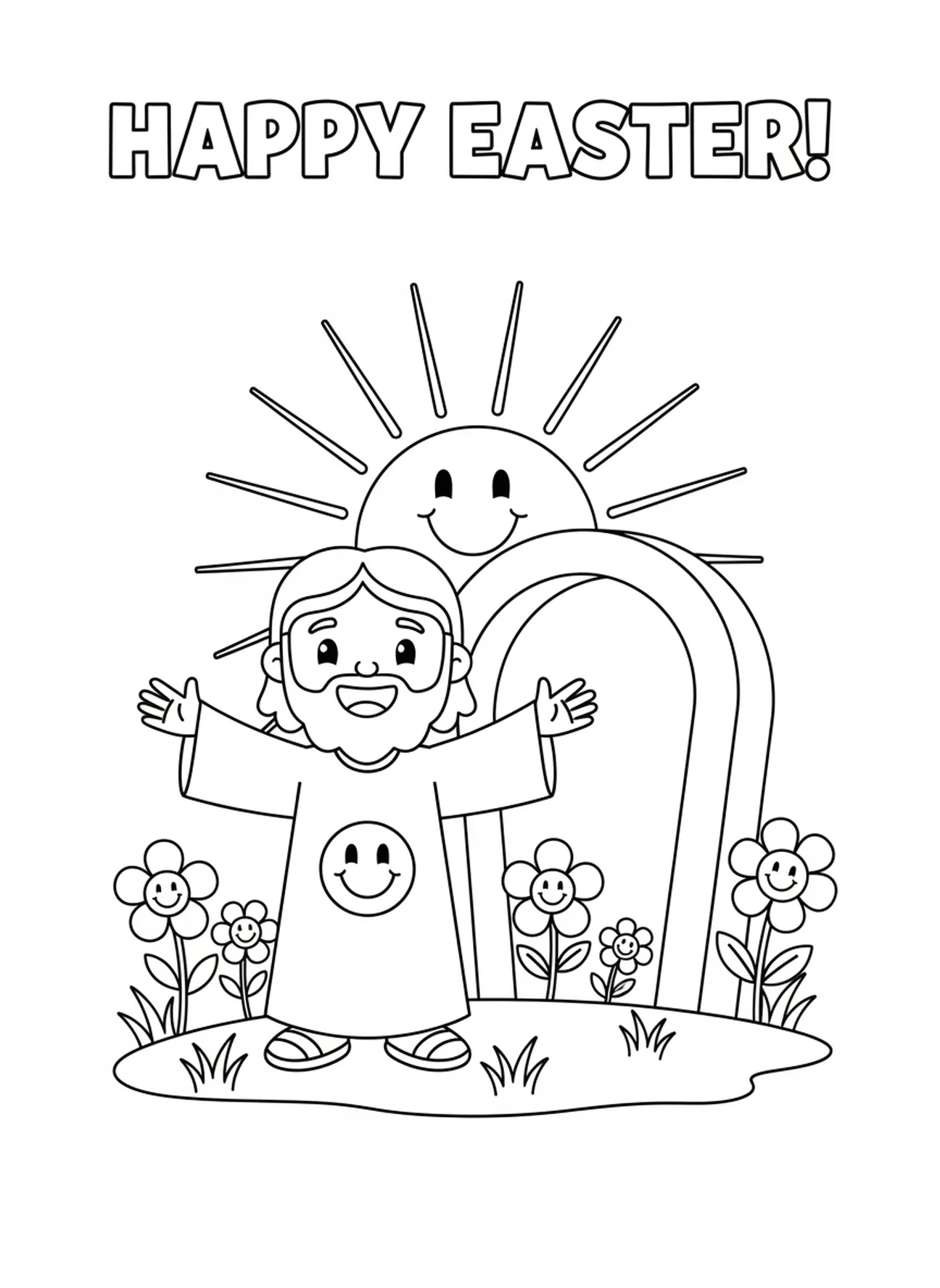 Lächelnder Jesus vor dem Grab, Ausmalbild der Kreuzwegstationen für Vorschulkinder im Alter von 3-5 Jahren.