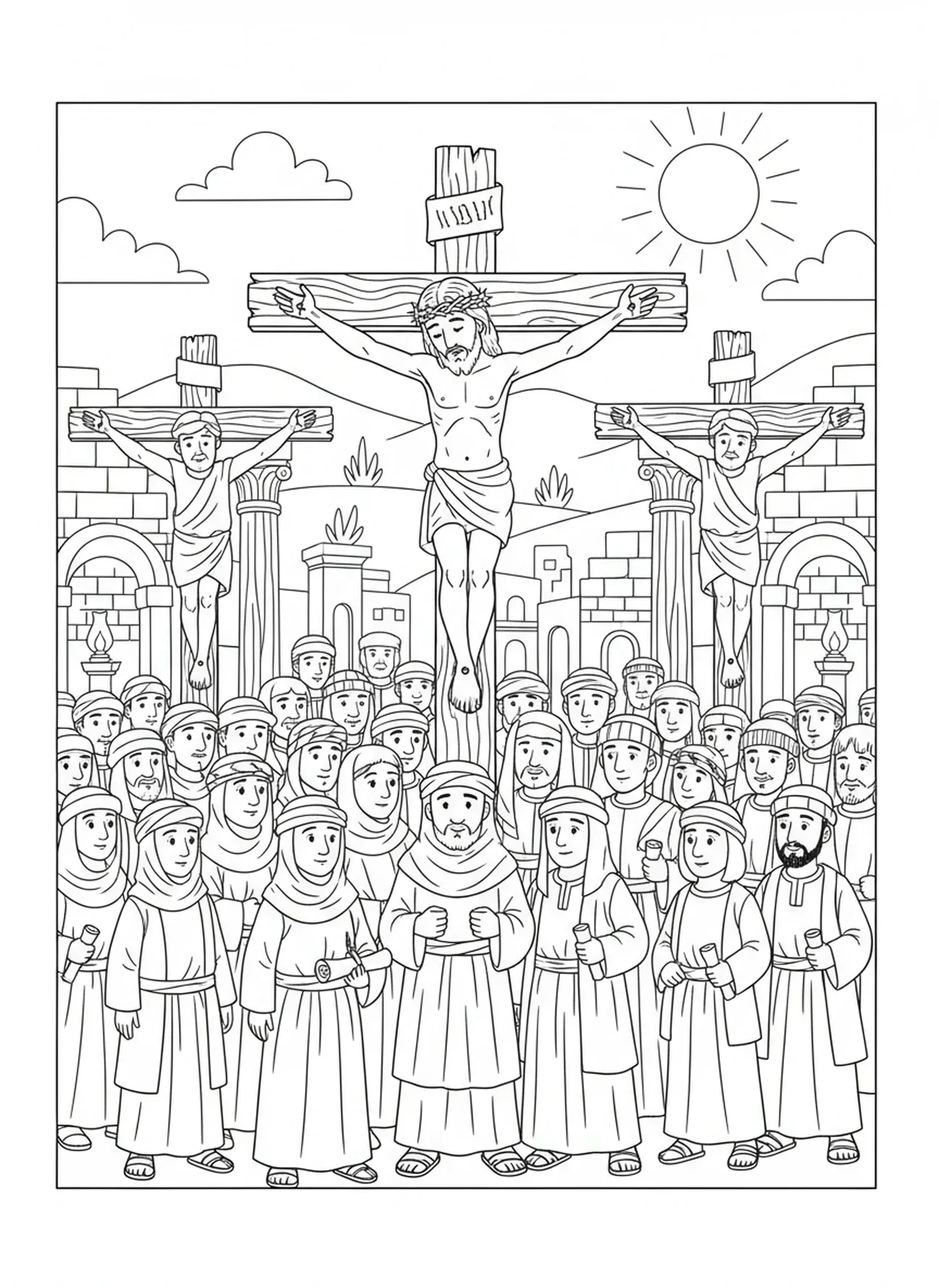 Jesus na cruz, página para colorir das Estações da Cruz para crianças da Escola Dominical de 5 a 12 anos