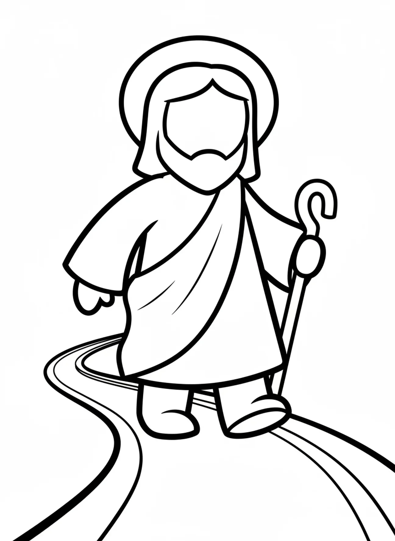 Jesus geht einen Weg entlang, Ausmalbild der Kreuzwegstationen für Kleinkinder im Alter von 2-3 Jahren.