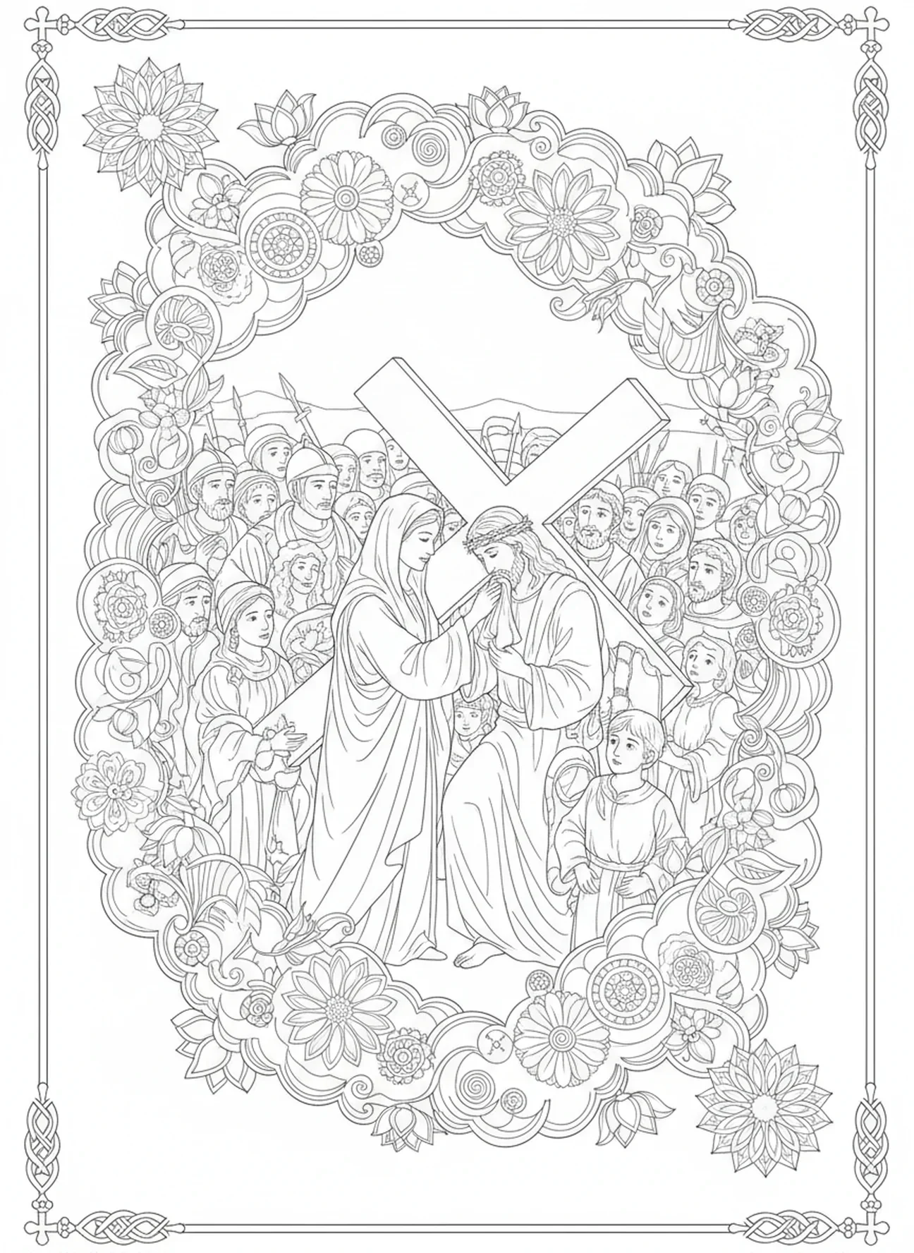 Foule observant Véronique et Jésus, page à colorier du Voile de Véronique pour le journal biblique pour adultes.