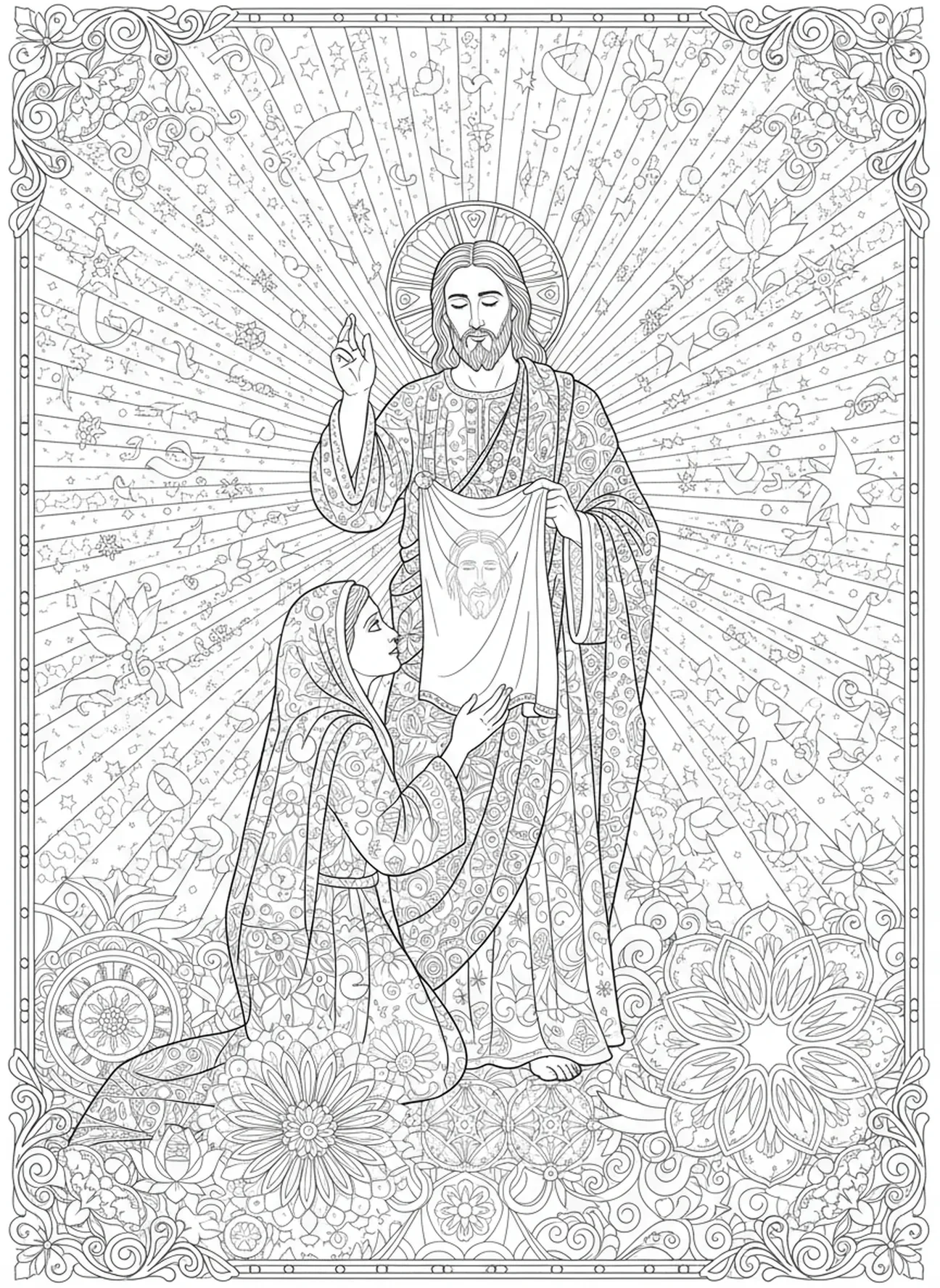 Jésus bénissant le voile de Véronique, page à colorier sur le voile de Véronique pour le journal biblique des adultes.