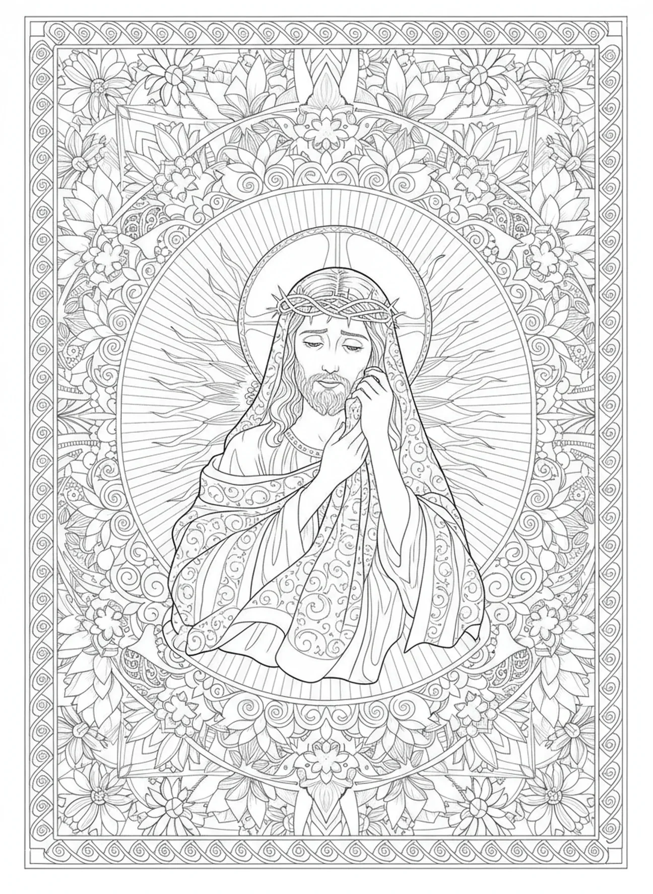 Véronique à genoux avec un voile, page à colorier Véronique pour le journal biblique style adulte.