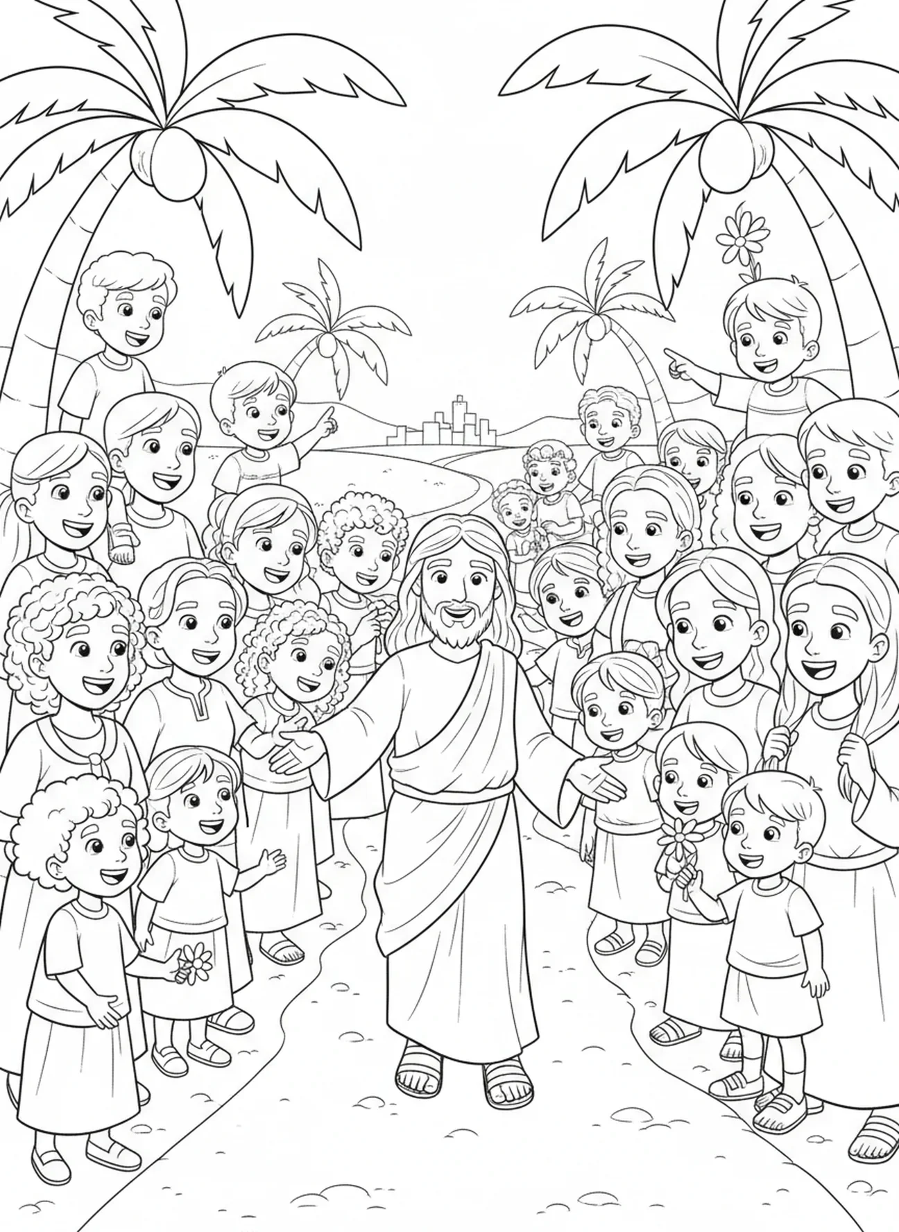 Foule diverse observant, page à colorier du Voile de Véronique pour enfants de 5 à 10 ans