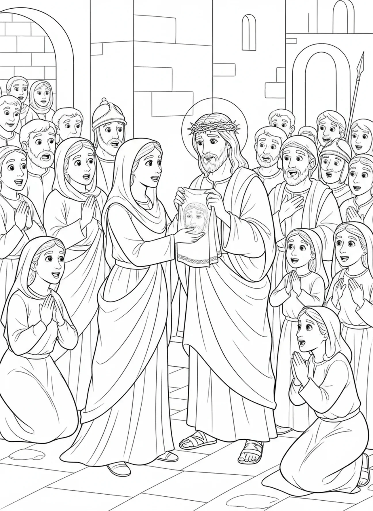 Foule réagissant à la bonté, page à colorier de Véronique pour enfants de 5 à 10 ans