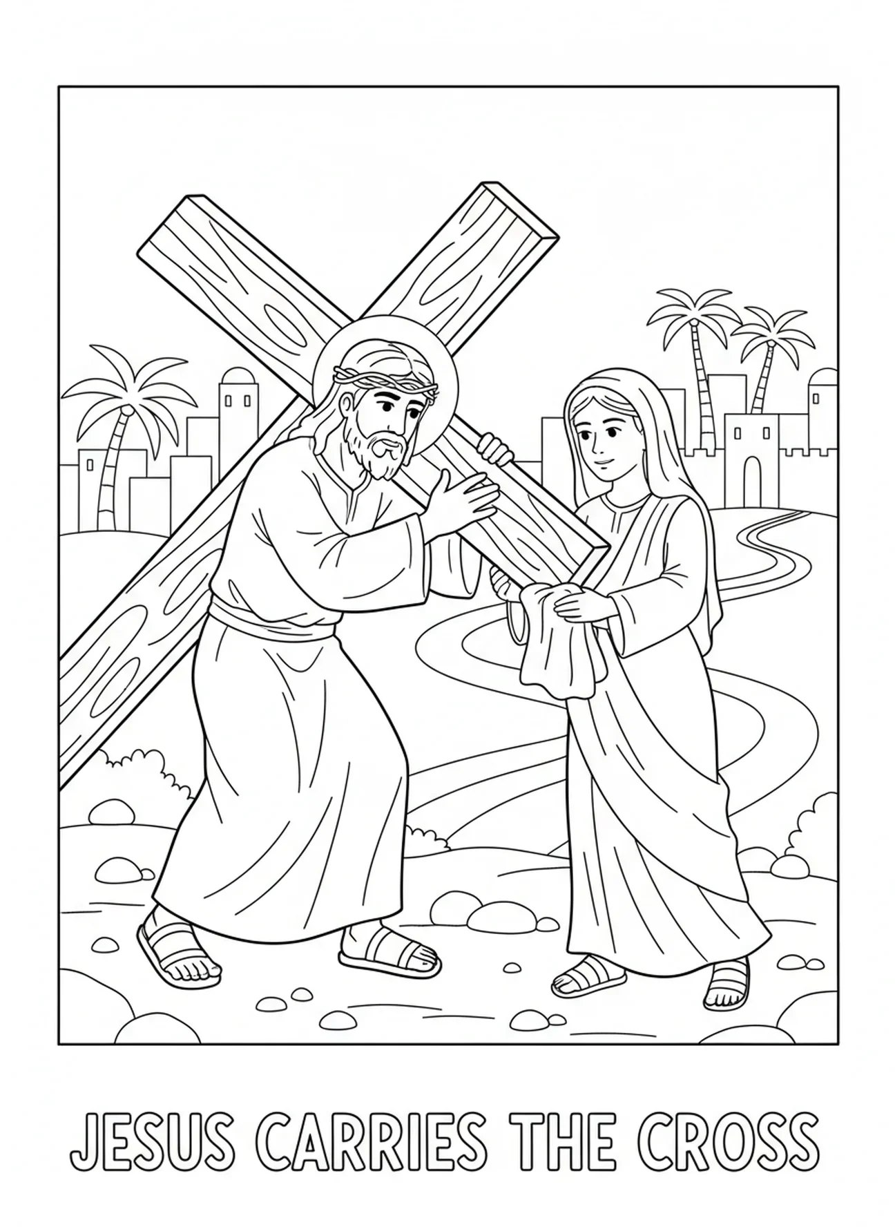 Jésus portant une croix, coloriage du Voile de Véronique pour les enfants de 5 à 10 ans