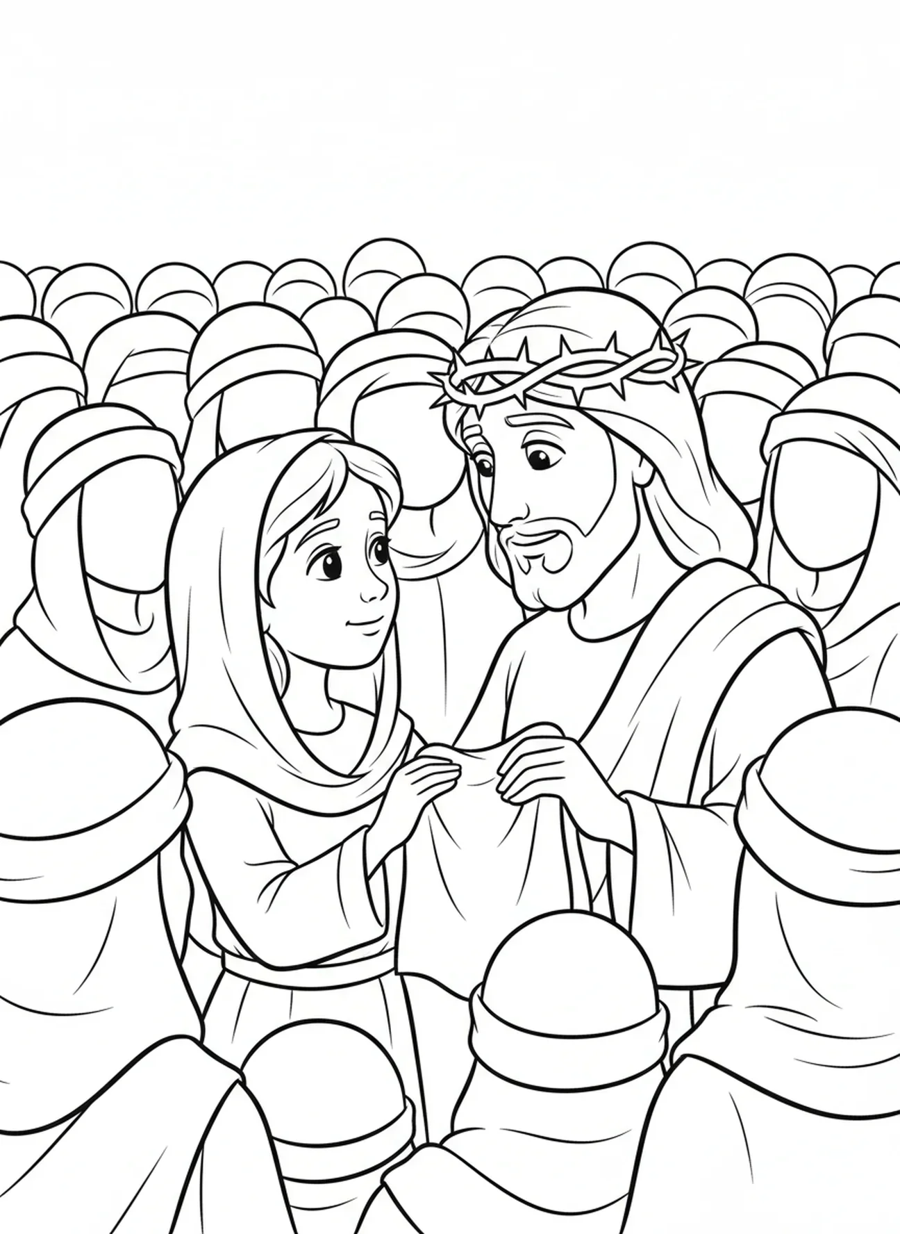 Connexion entre Véronique et Jésus, page à colorier du Voile de Véronique pour les enfants de 5 à 10 ans