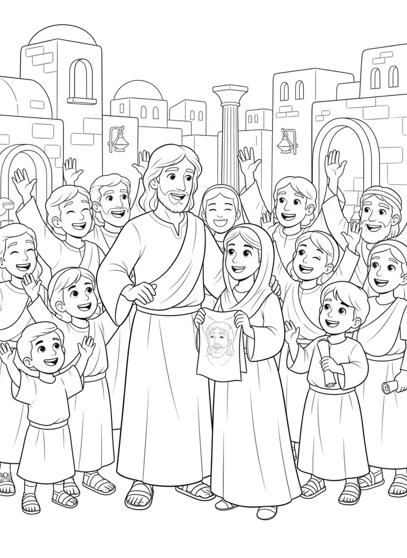Freudige Menge um Jesus, Ausmalbild vom Schweißtuch der Veronika für die Sonntagsschule Kinder im Alter von 5-12 Jahren