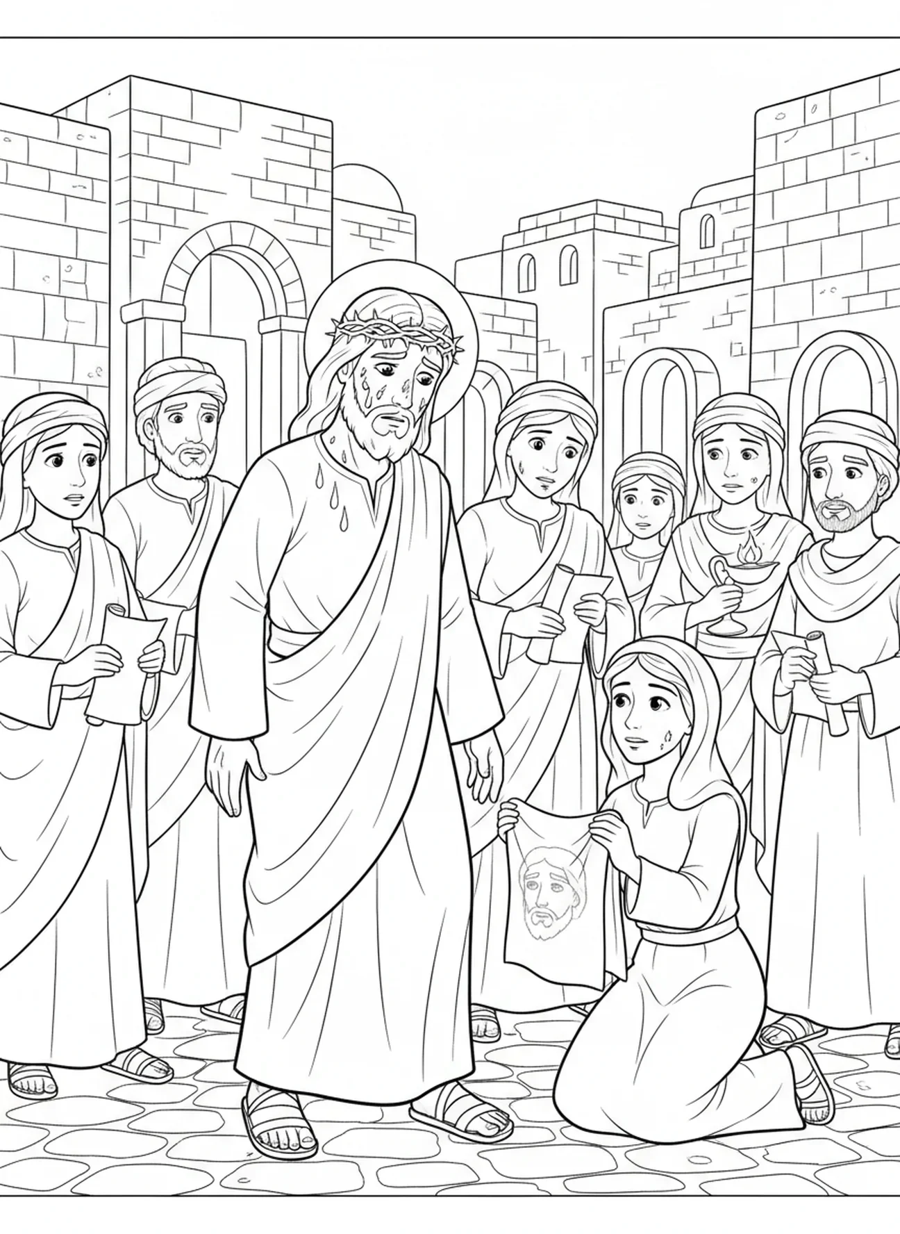 Jesus mit blutendem Gesicht, Färbung Seite vom Schweißtuch der Veronika für Sonntagsschule Kinder im Alter von 5-12