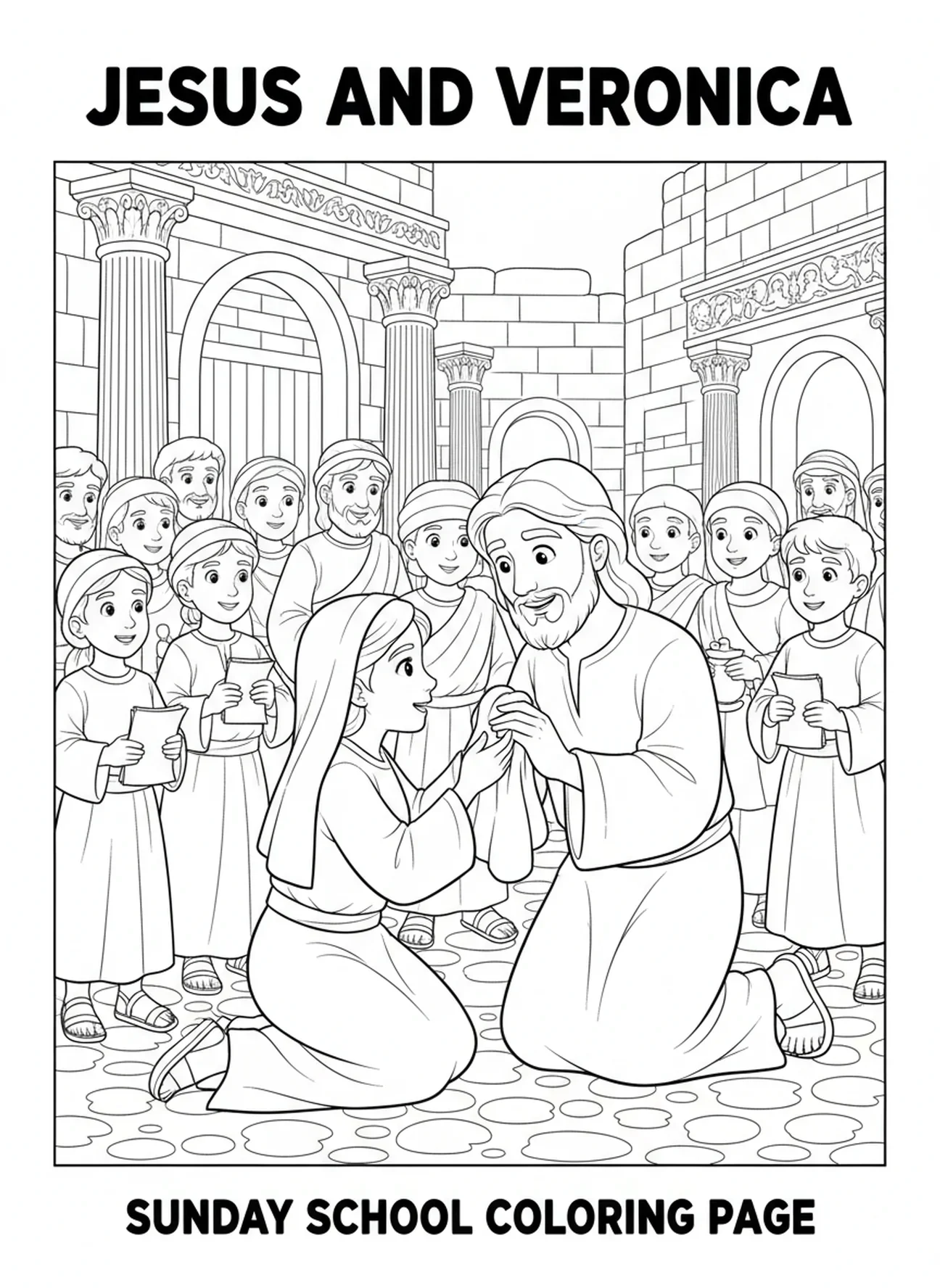 Jesus lächelt Veronica zu, Ausmalbild vom Schleier der Veronica für Kinder in der Sonntagsschule im Alter von 5-12 Jahren