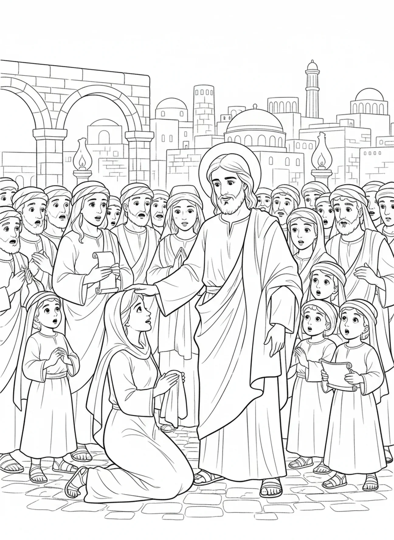 Jesus segnet Veronica, Ausmalbild vom Schleier der Veronica für Kinder in der Sonntagsschule im Alter von 5-12 Jahren