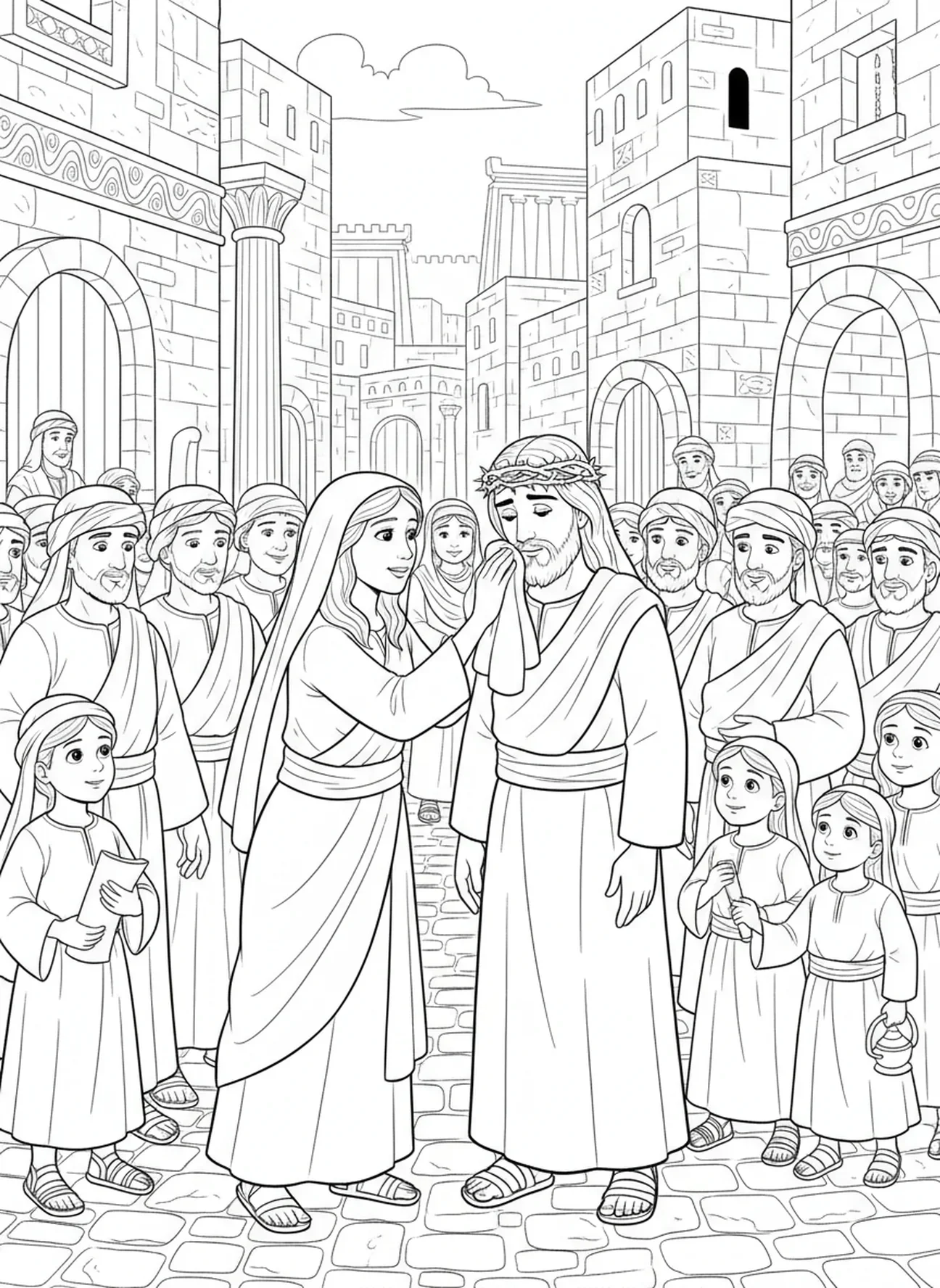 Veronica, die Jesus' Gesicht abwischt, Ausmalbild vom Schweißtuch der Veronica für die Sonntagsschule für Kinder im Alter von 5-12 Jahren