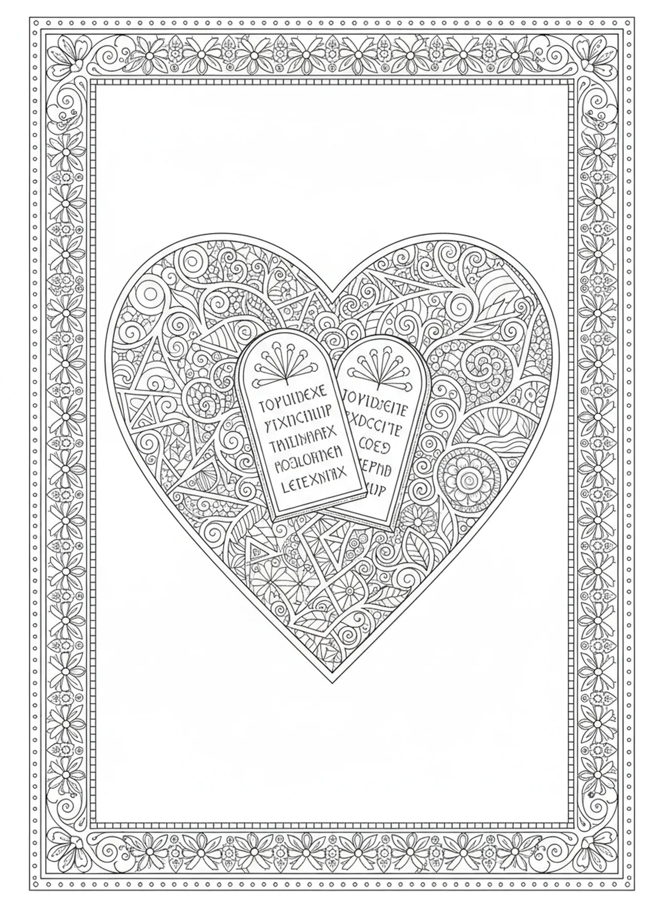 Herz mit den Tafeln der Gebote, Ausmalbild der Zehn Gebote für Erwachsene im Stil des Bibel-Journaling.