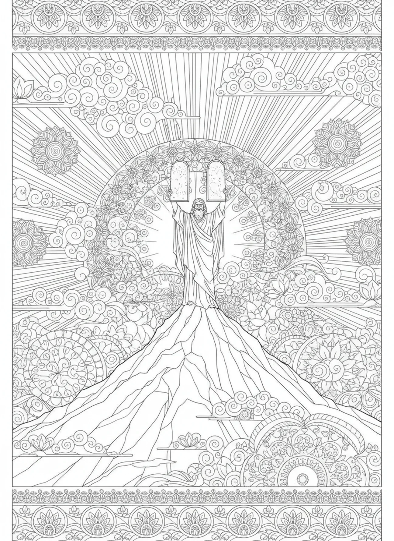 Moses auf dem Berg Sinai, Ausmalbild der Zehn Gebote für Erwachsene im Stil des Bibeljournaling.