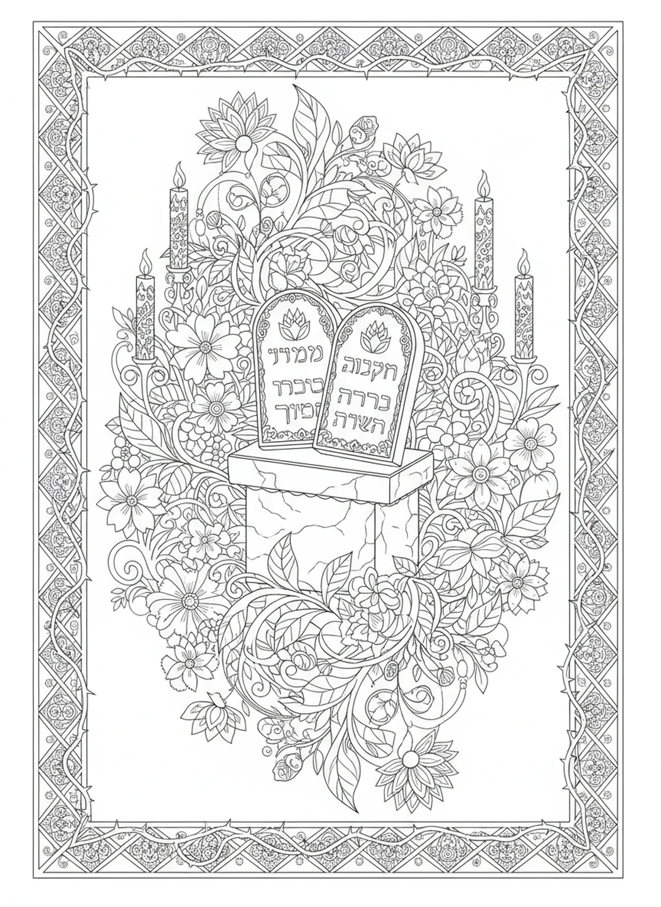 Tafeln auf einem Altar, umgeben von Blumen, Ausmalbild der Zehn Gebote im Stil des Bibel-Journalings für Erwachsene.