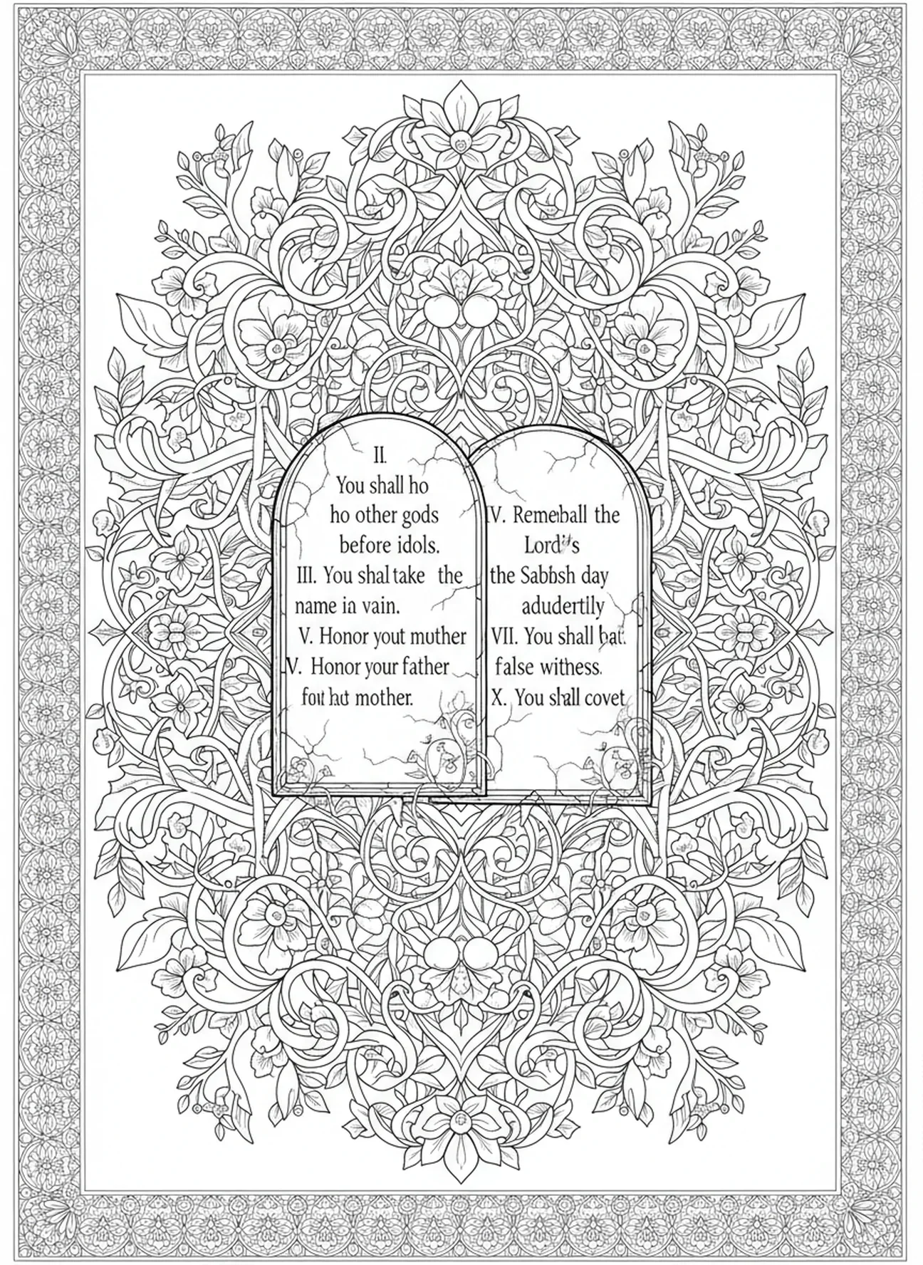 Gravierte Tafeln mit Geboten, Ausmalbild der Zehn Gebote für Erwachsene im Stil des Bibeljournaling.