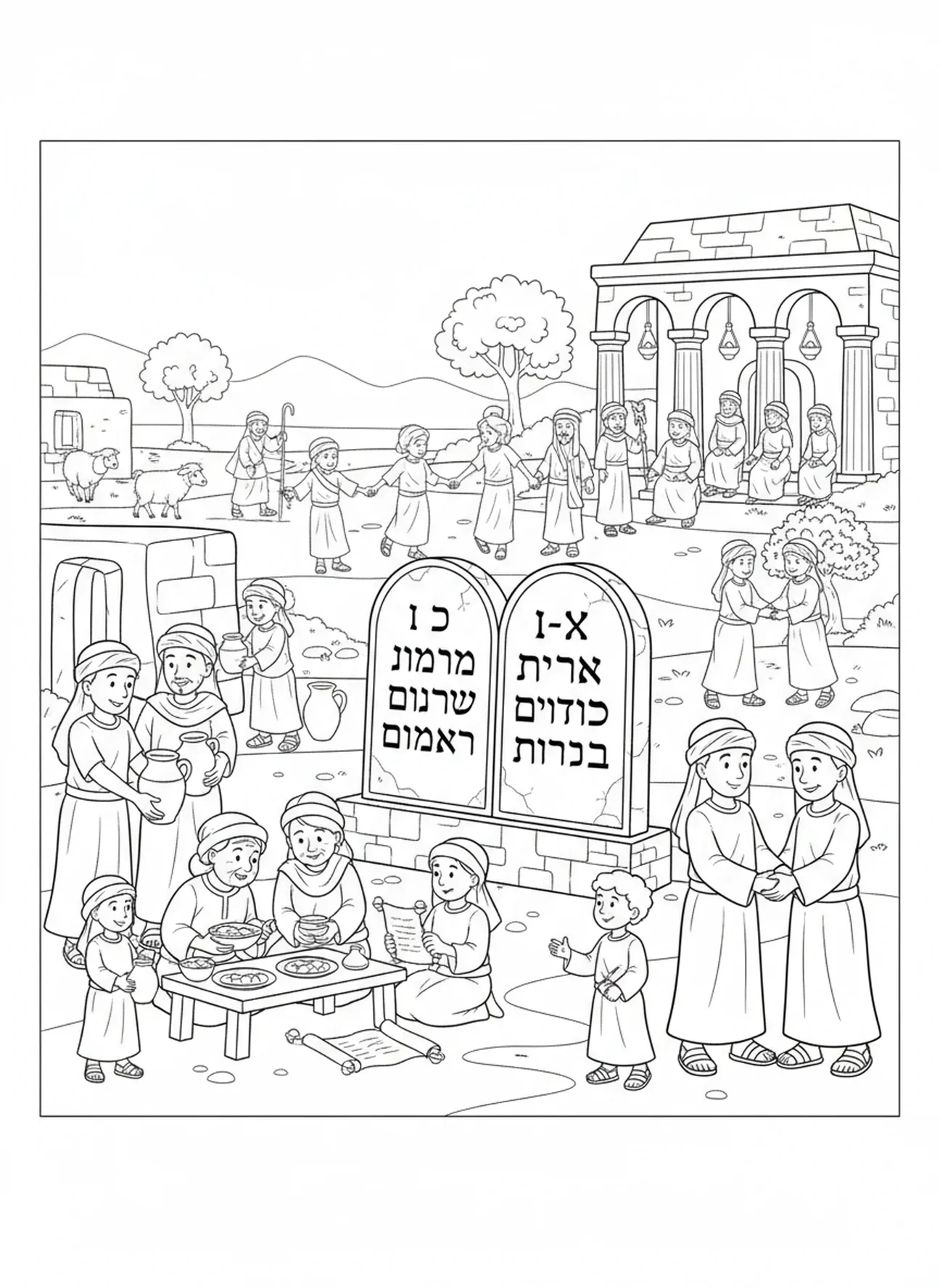 Israëlieten die de geboden naleven, kleurplaat van de Tien Geboden voor Zondagsschoolkinderen van 5-12 jaar.