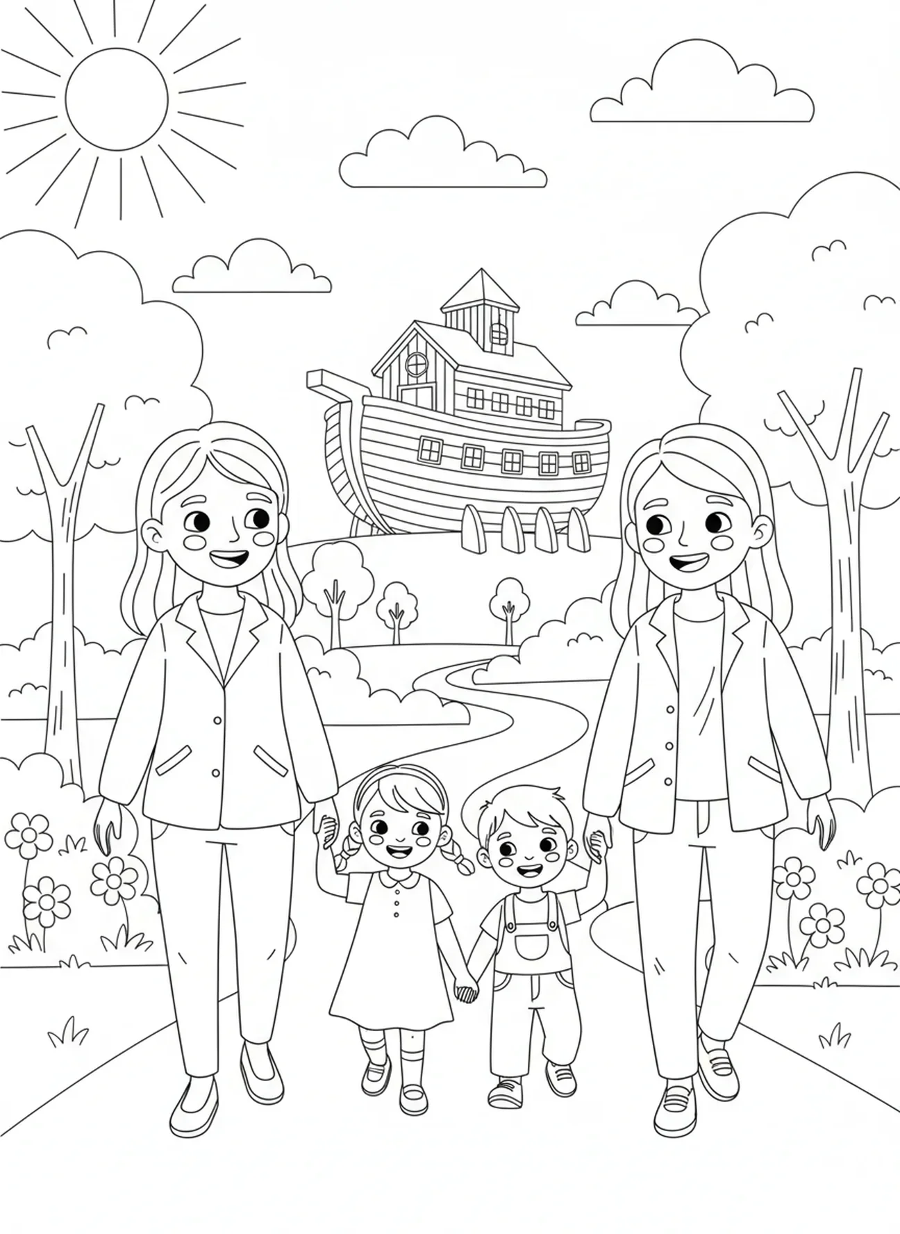 Familie von vier Personen beim Gehen, Ausmalbild für das Dankgebet für Kinder im Alter von 5-10 Jahren