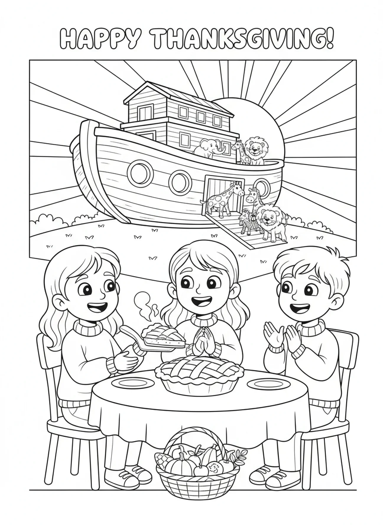 Drei Freunde teilen einen Kuchen, Ausmalbild für das Erntedankfest für Kinder im Alter von 5-10 Jahren