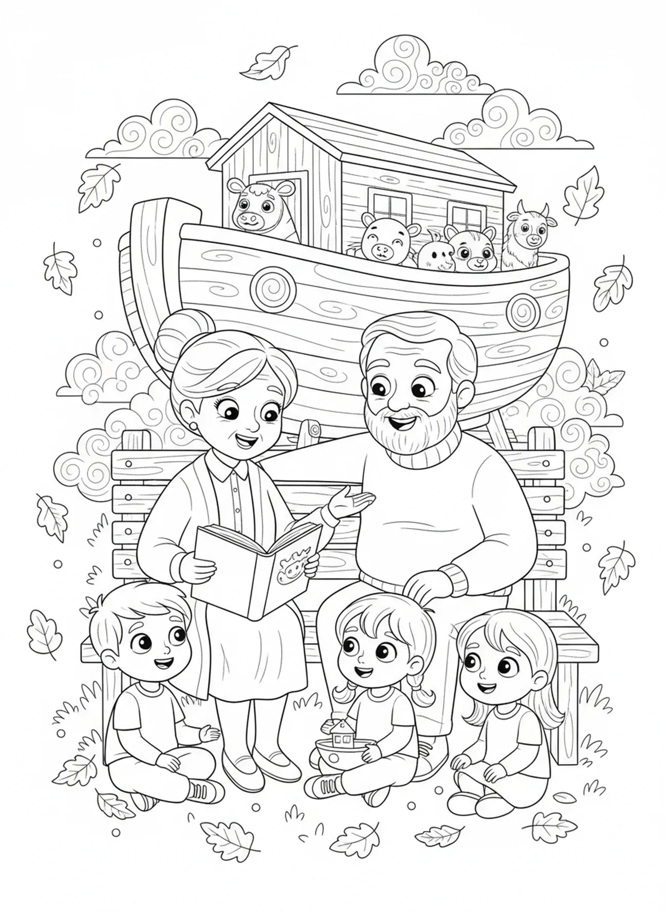 Großeltern erzählen Geschichten, Ausmalbild für das Erntedankgebet für Kinder im Alter von 5-10 Jahren