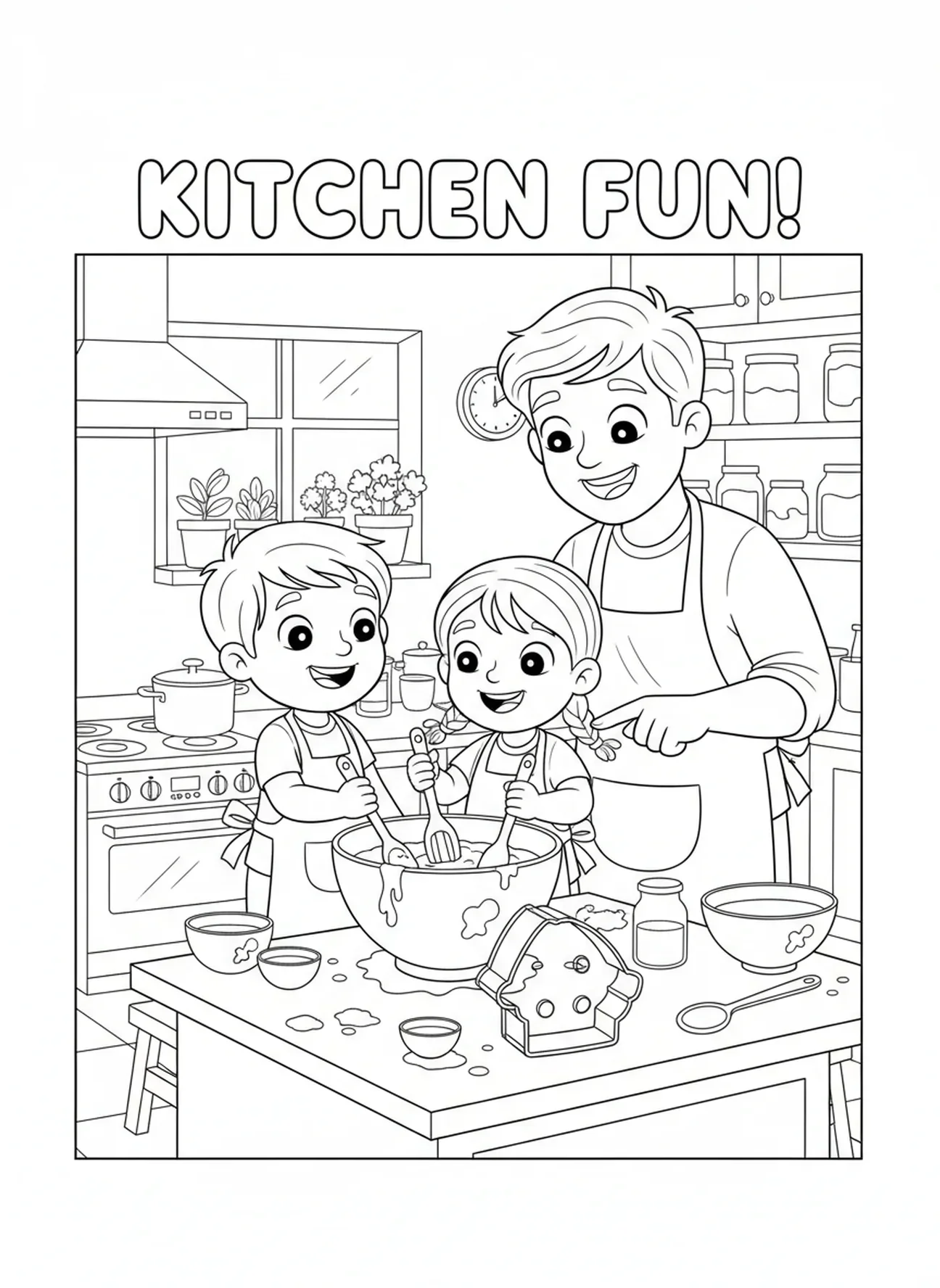 Zwei Kinder helfen beim Kochen, Ausmalbild für das Dankgebet für Kinder im Alter von 5-10 Jahren