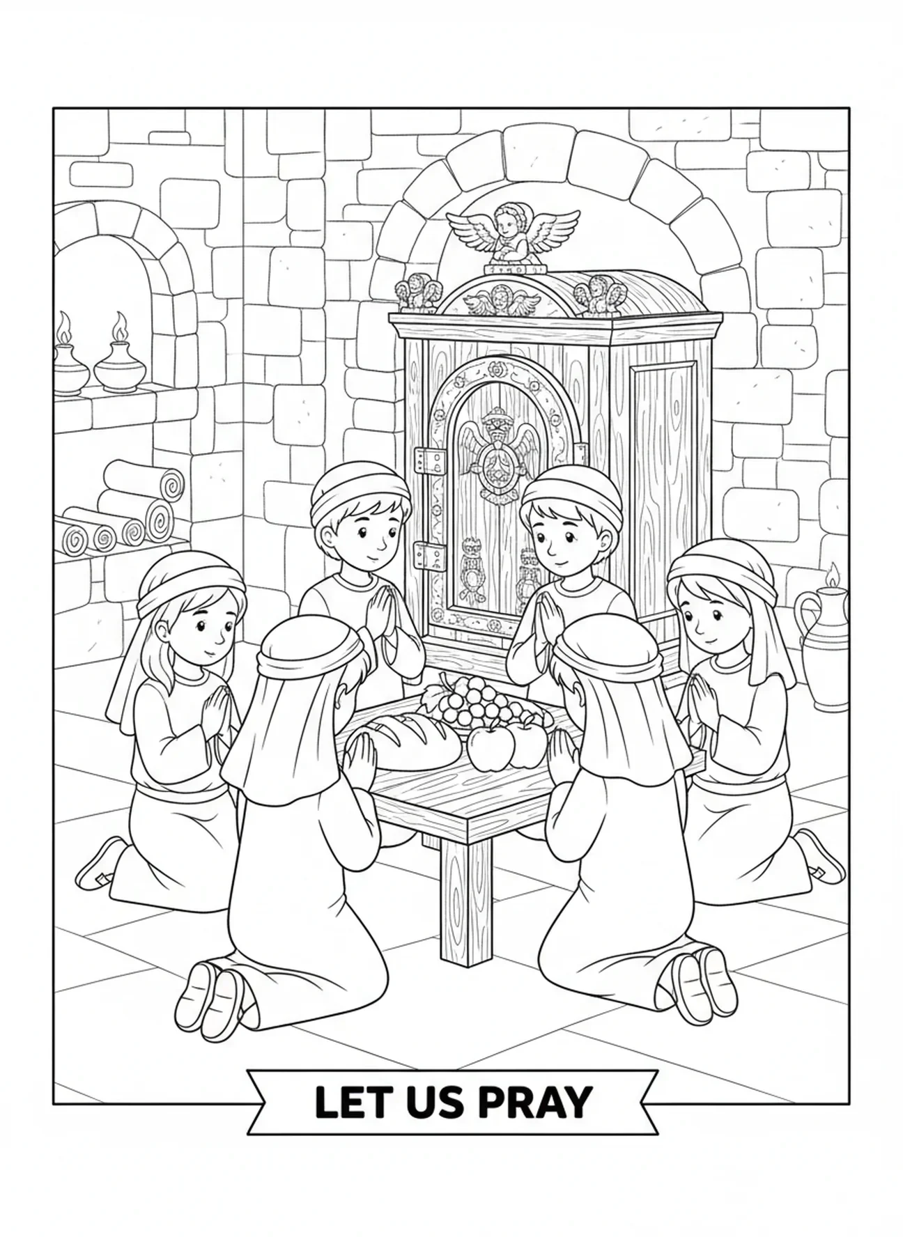 Kinder, die im Gebet knien, Dankgebet Ausmalbild für die Sonntagsschule für Kinder im Alter von 5-12 Jahren.