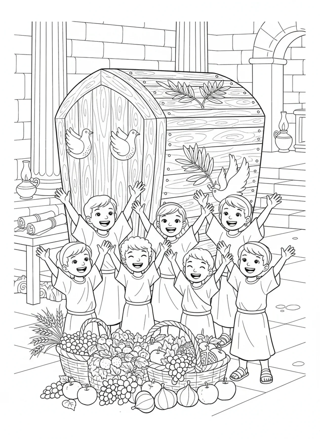 Kinder danken, Dankbarkeit religiöse Malvorlage für die Sonntagsschule für Kinder im Alter von 5-12 Jahren.