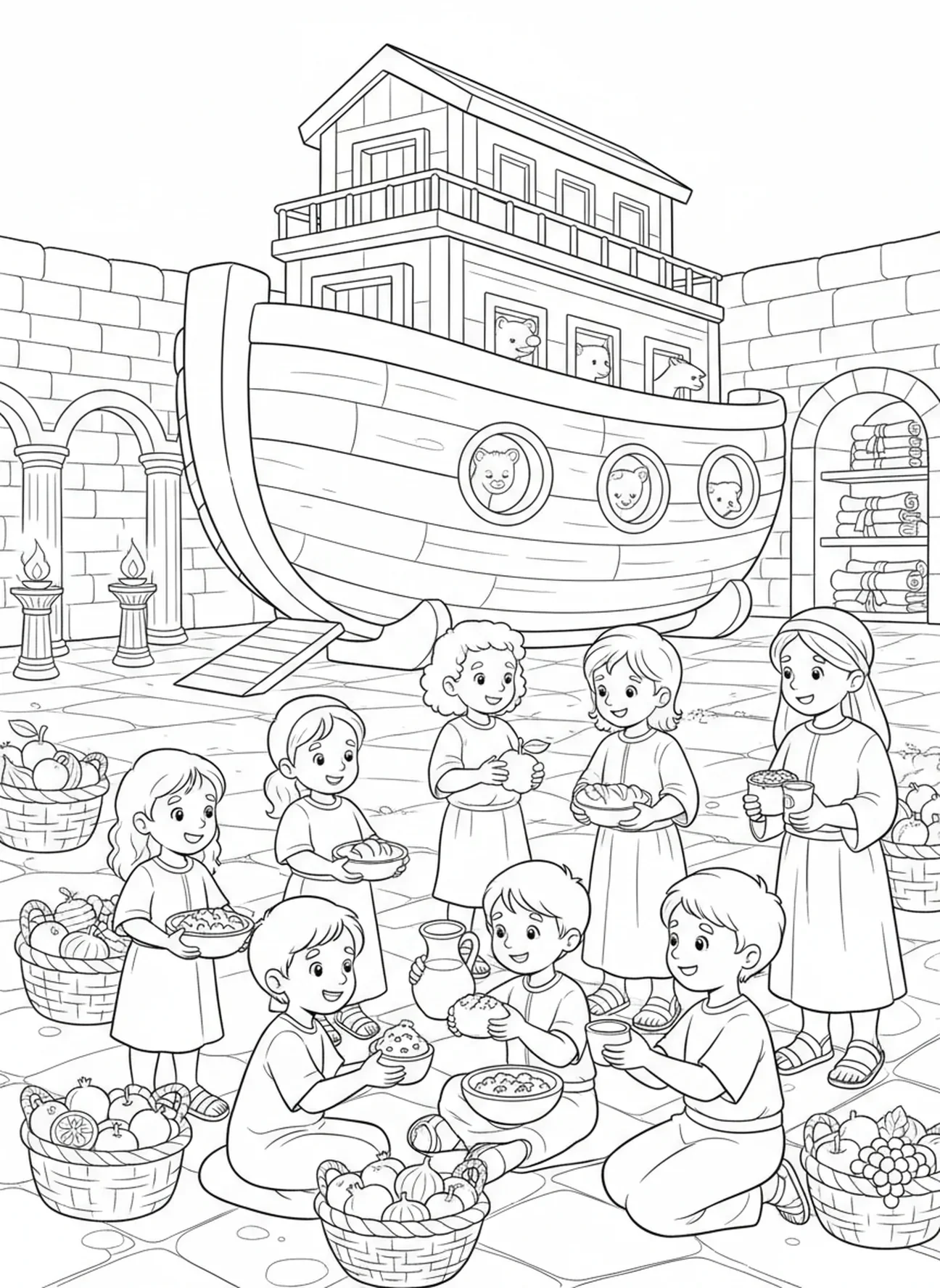 Kinder, die Essen teilen, Dankbarkeit religiöse Malvorlage für Sonntagsschule Kinder im Alter von 5-12 Jahren.