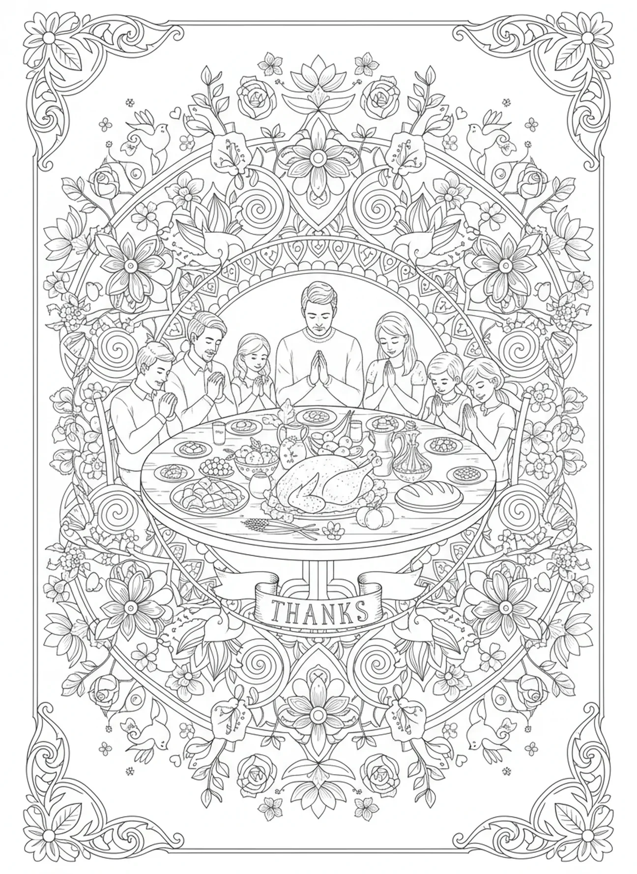 Familienzusammenkunft im Gebet, Ausmalbild für Erwachsene im Bibel-Journaling-Stil.
