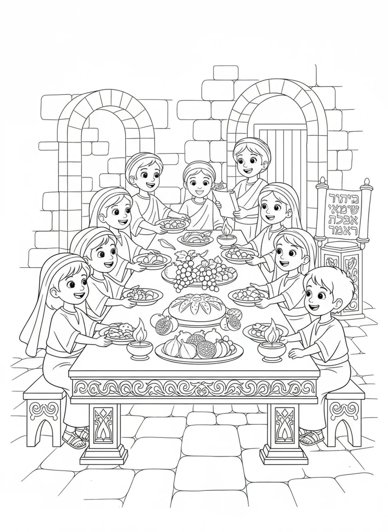 Gruppe von Kindern, die ein Festmahl teilen, Dankfest Ausmalbild für Sonntagsschüler im Alter von 5-12 Jahren