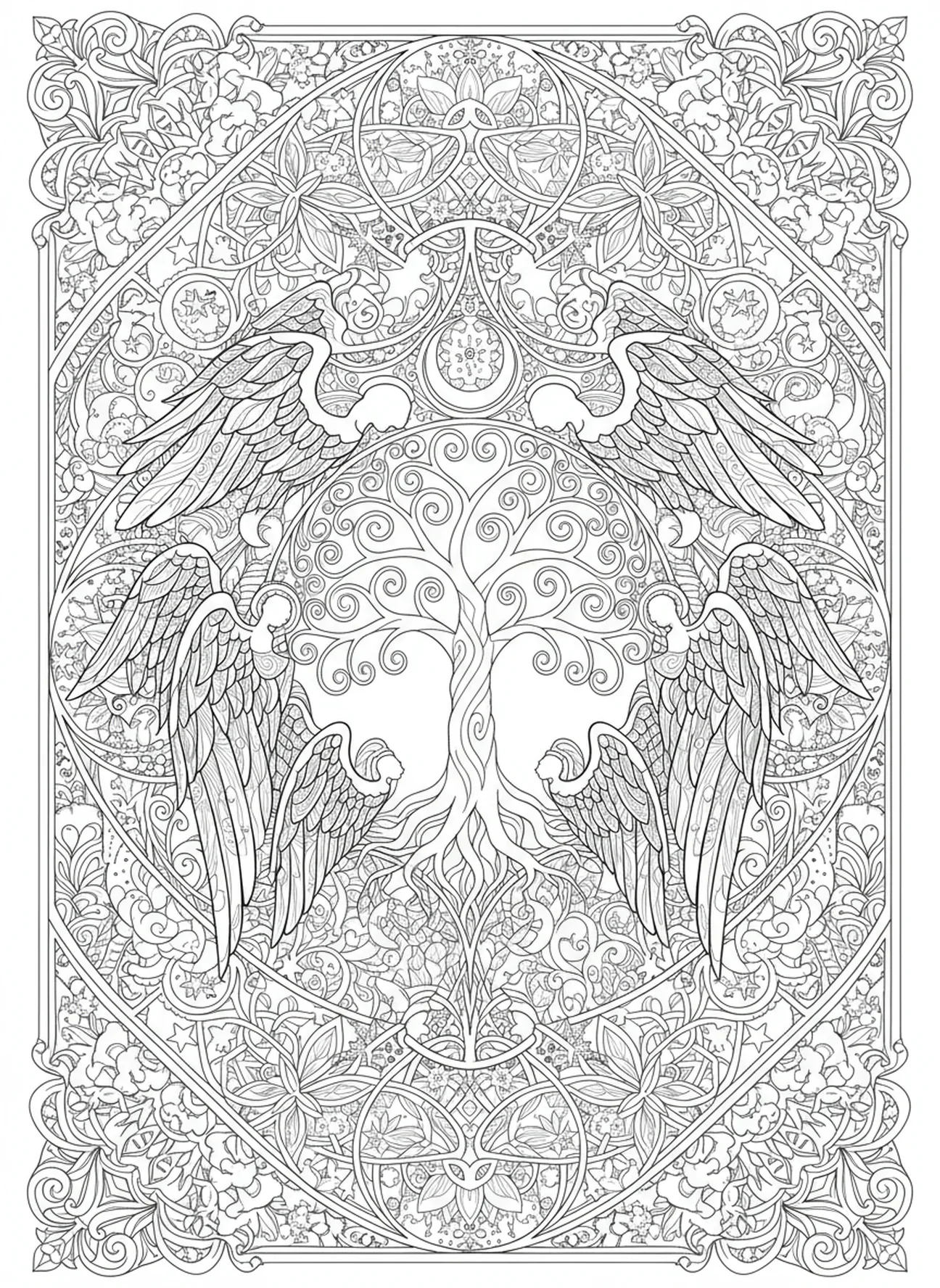Ángeles rodeando un árbol, página para colorear del Árbol de la Vida en estilo de diario bíblico para adultos.