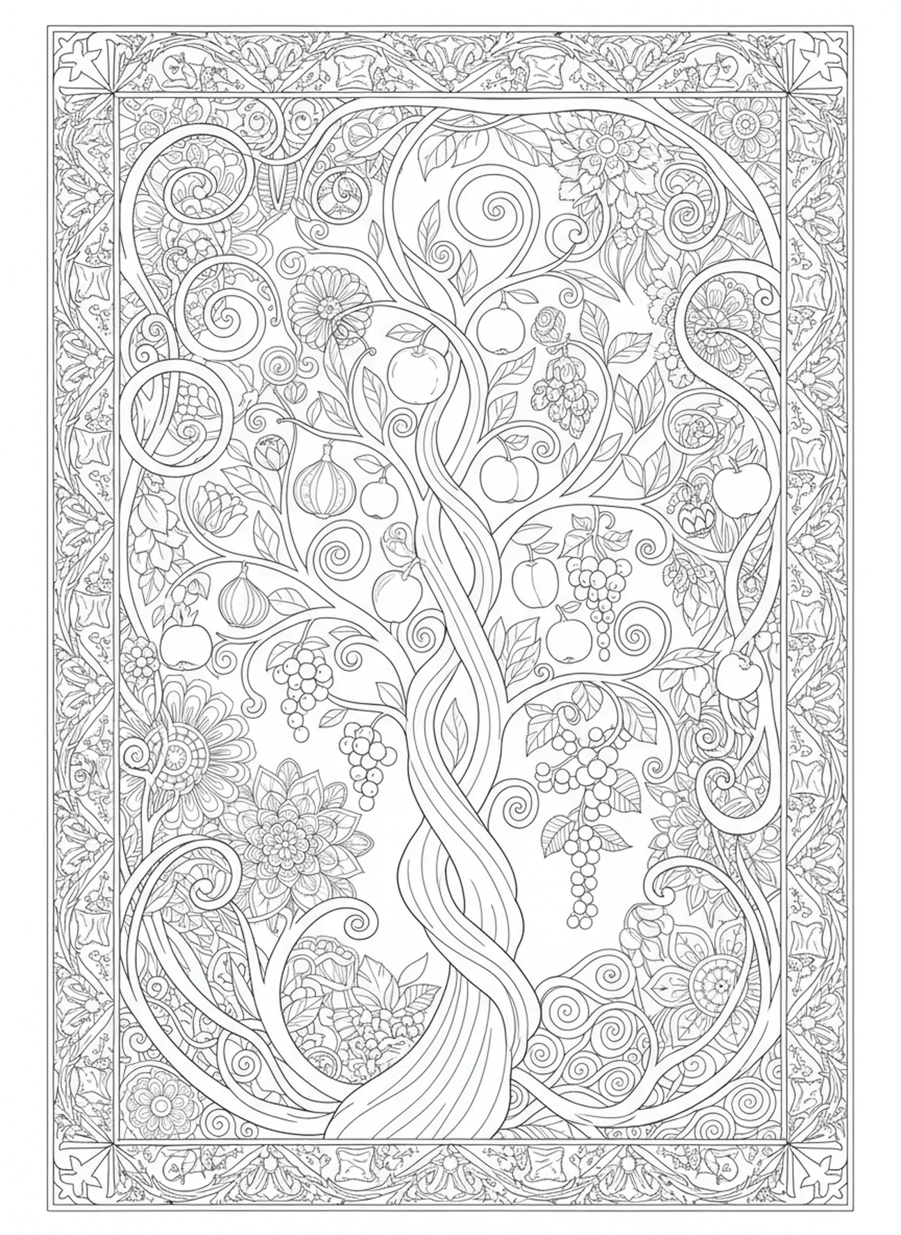 Ramas con frutos, página para colorear del Árbol de la Vida en estilo de journaling bíblico para adultos.