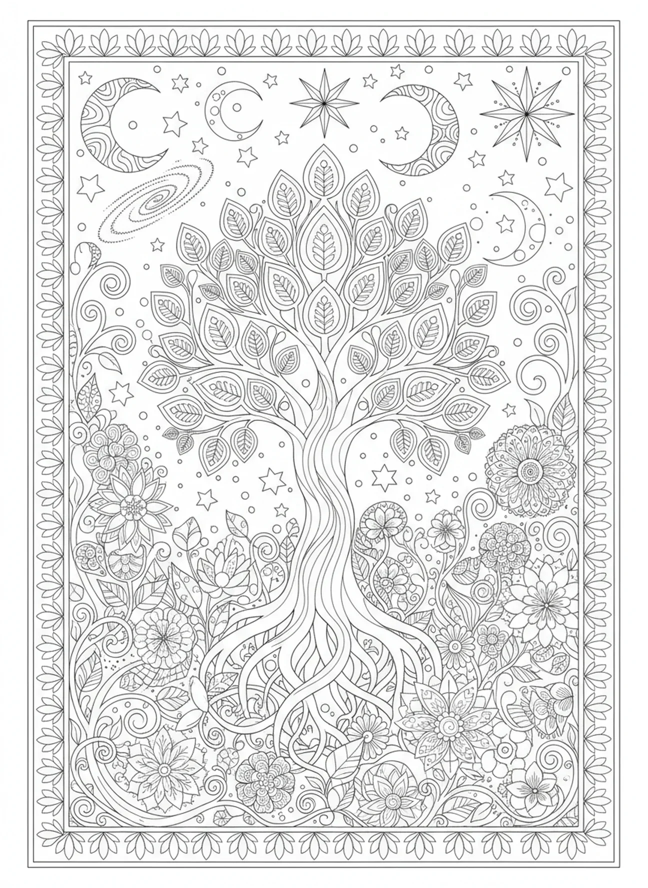 Escena de un jardín exuberante, página para colorear del Árbol de la Vida estilo journaling bíblico para adultos.
