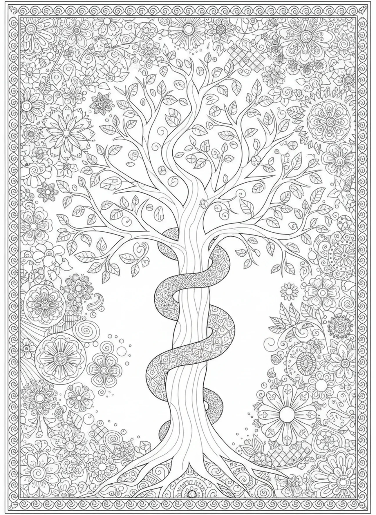 Serpiente enroscada, página para colorear del Árbol de la Vida en estilo de journaling bíblico para adultos.