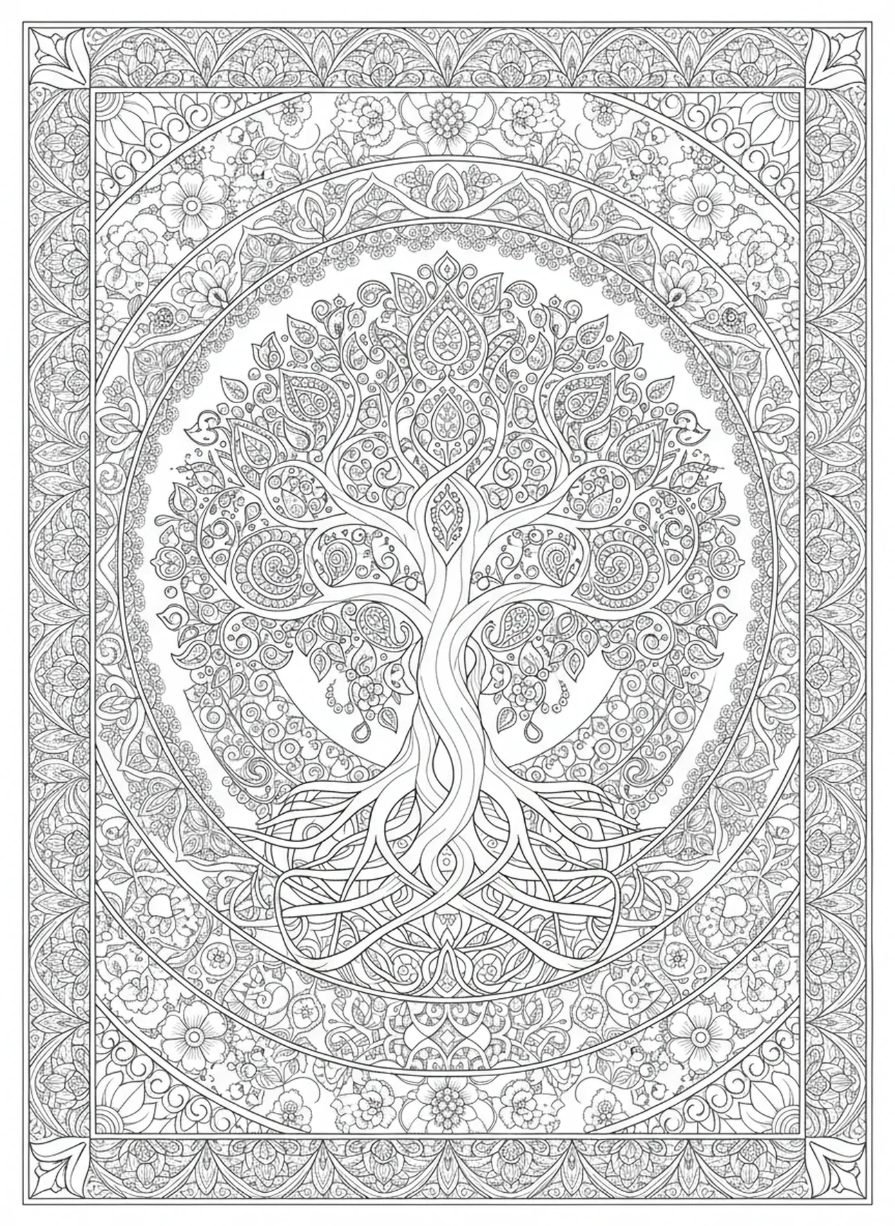 Majestuoso Árbol de la Vida, página para colorear del Árbol de la Vida estilo journaling bíblico para adultos.