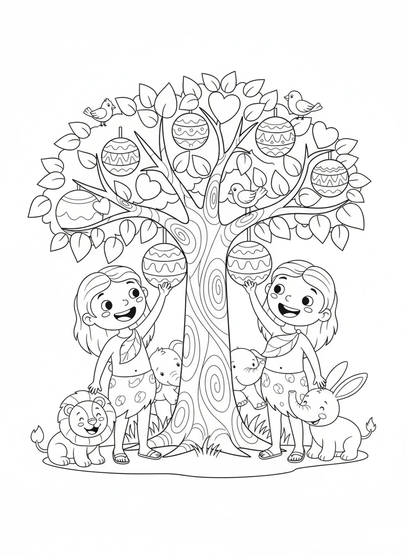 Adam et Ève tendent la main vers les fruits de l'Arbre de Vie, page à colorier Arbre de Vie pour les enfants de 5 à 10 ans.