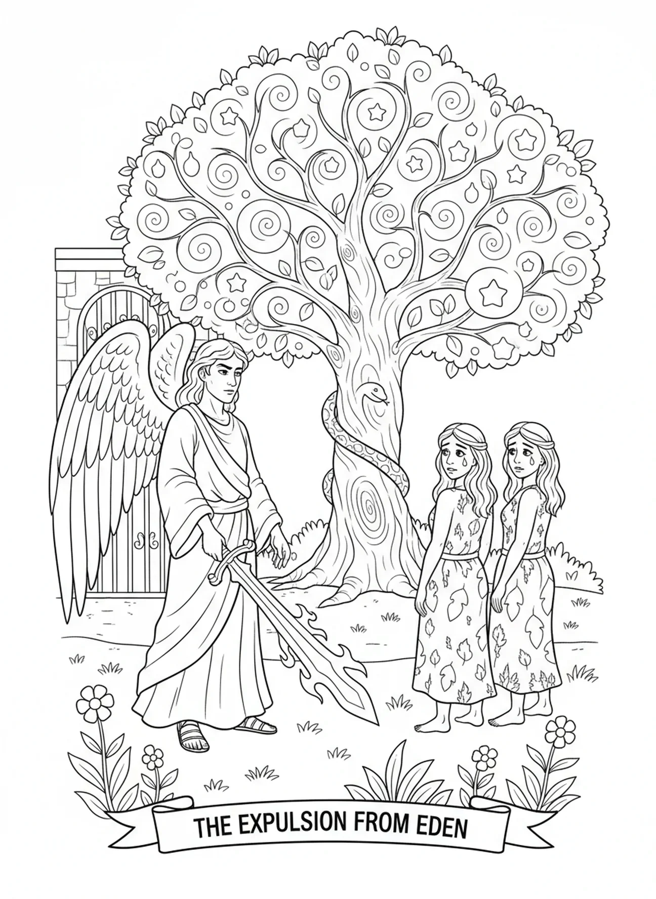 Un ange avec une épée enflammée à la lisière du jardin, page à colorier Arbre de Vie pour les enfants de 5 à 10 ans.