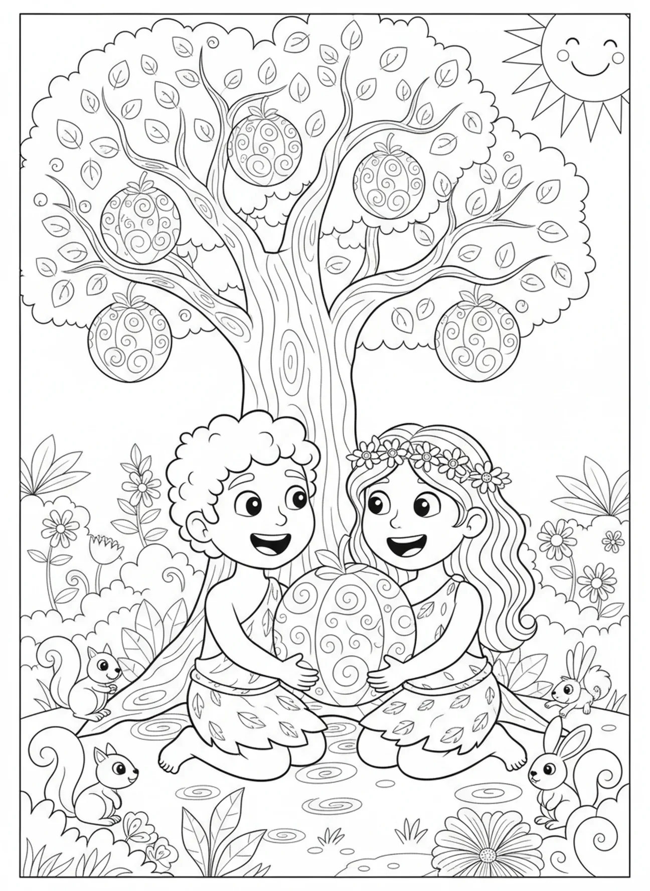 Adam et Ève partageant un fruit de l'Arbre de Vie, page à colorier Arbre de Vie pour enfants de 5 à 10 ans.