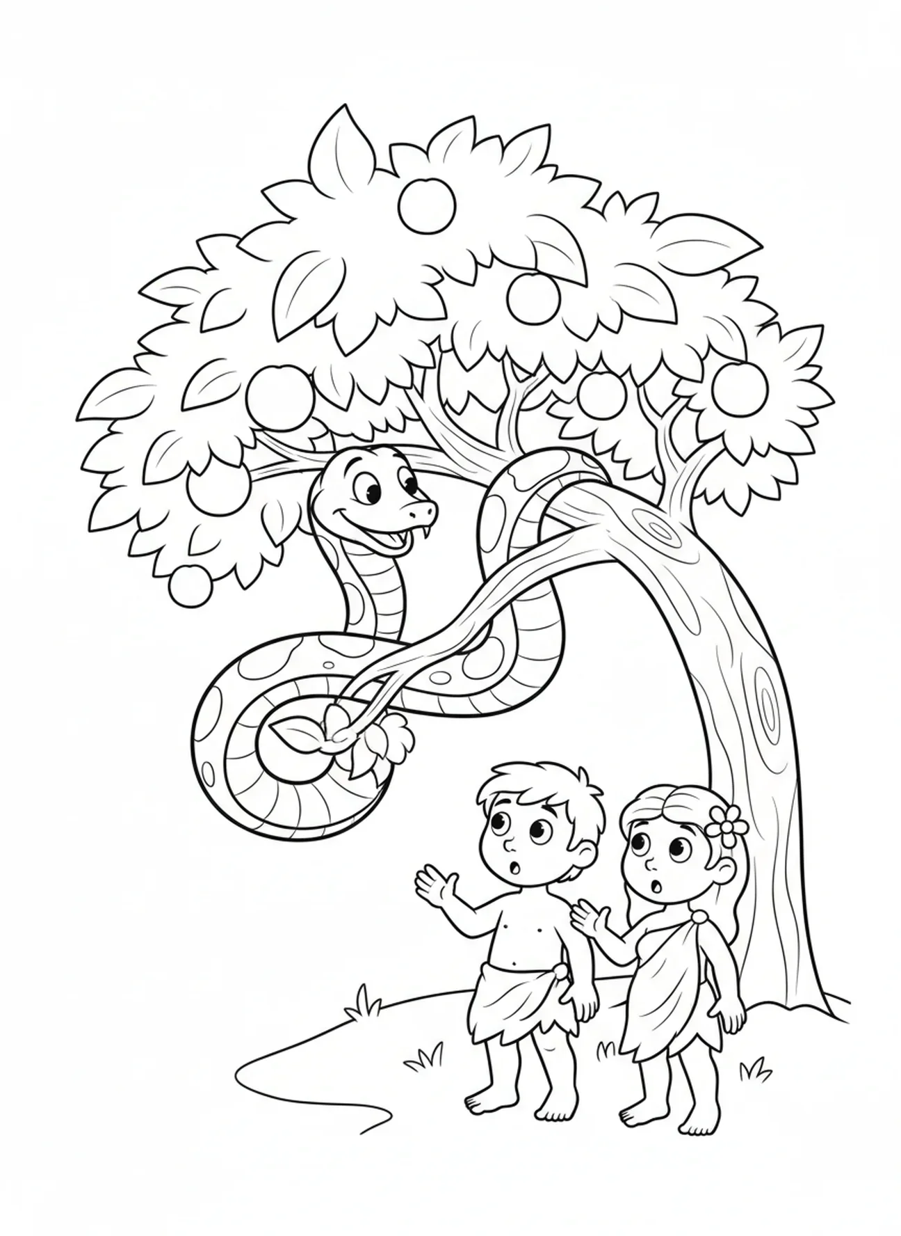 Serpent en dessin animé enroulé dans l'Arbre de Vie, page à colorier sur l'Arbre de Vie pour les enfants de 5 à 10 ans.