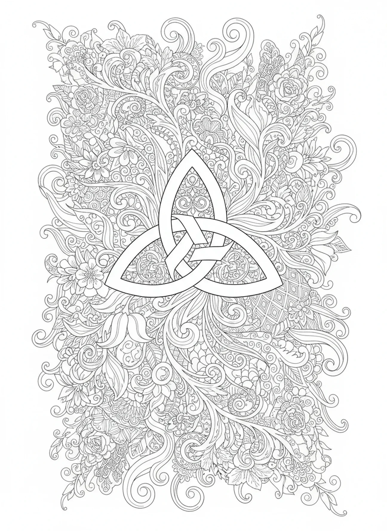 Motifs floraux entourant une page à colorier du Nœud de la Trinité dans un style de journal biblique pour adultes.